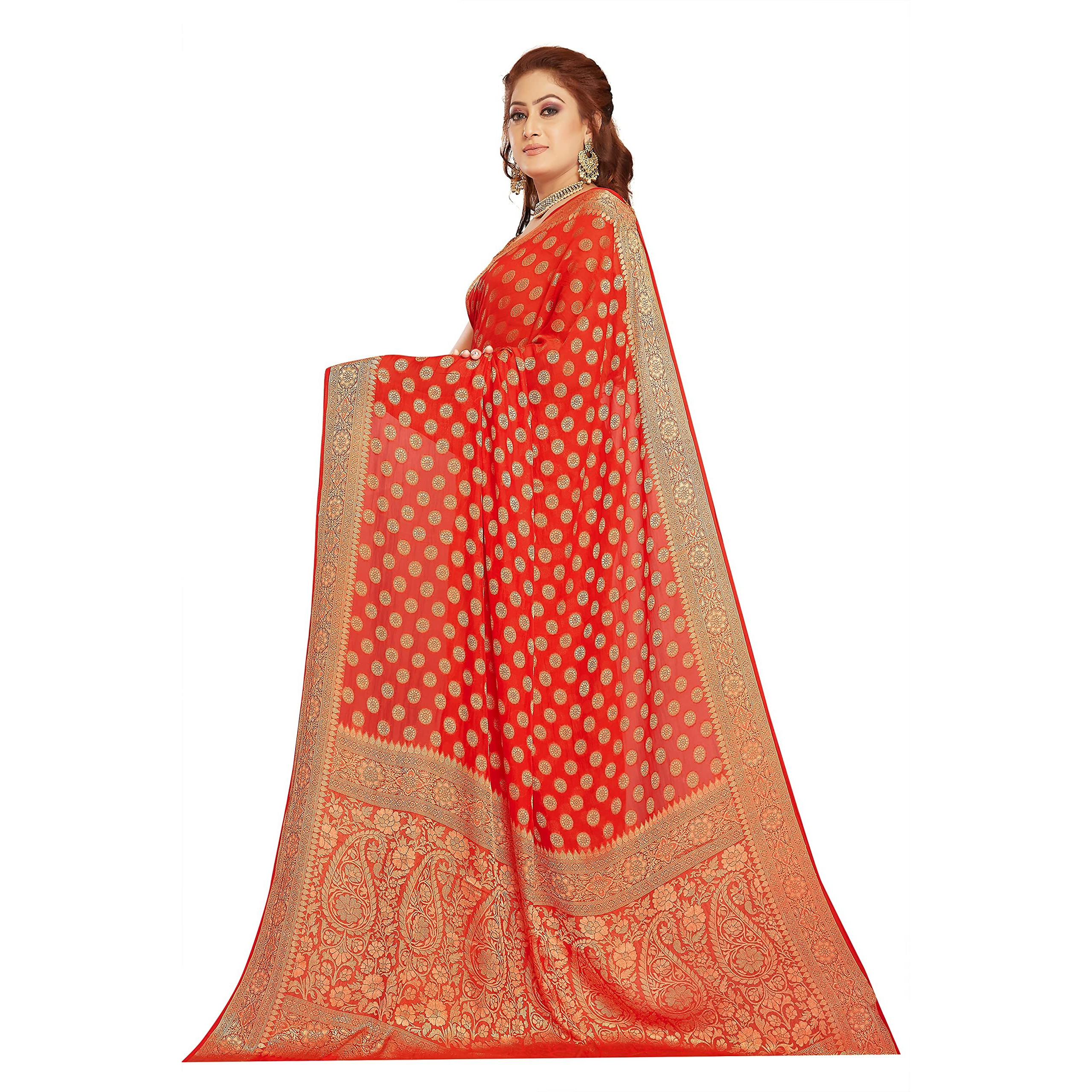 RANI SAAHIBA Womens Georgette Silk Resham Woven Saree With Blouse Piece (SKR10187_Red)