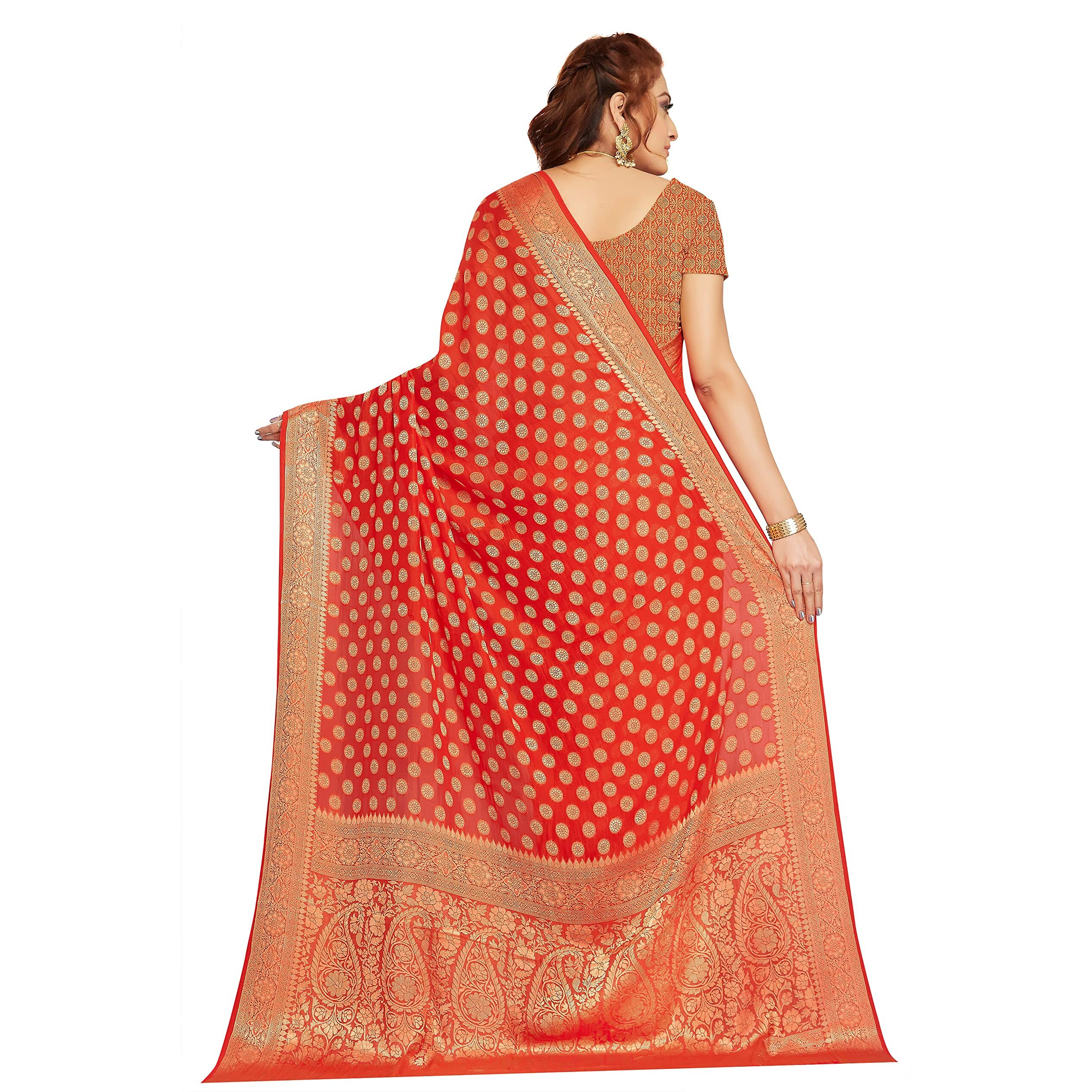 RANI SAAHIBA Womens Georgette Silk Resham Woven Saree With Blouse Piece (SKR10187_Red)
