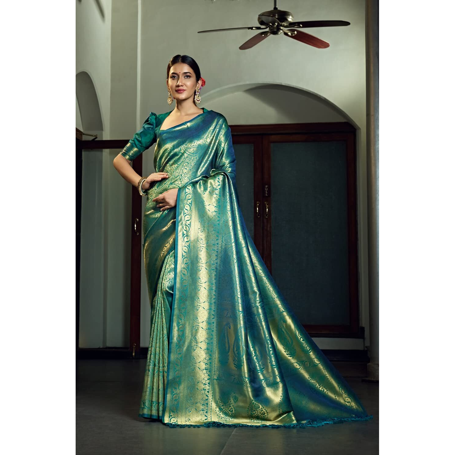 Vardha Womens Kanchipuram Art Silk Saree with Unstitched Blouse Piece - Zari Woven Work Sarees for Wedding (Kasuba Silk, 477, Teal Blue)