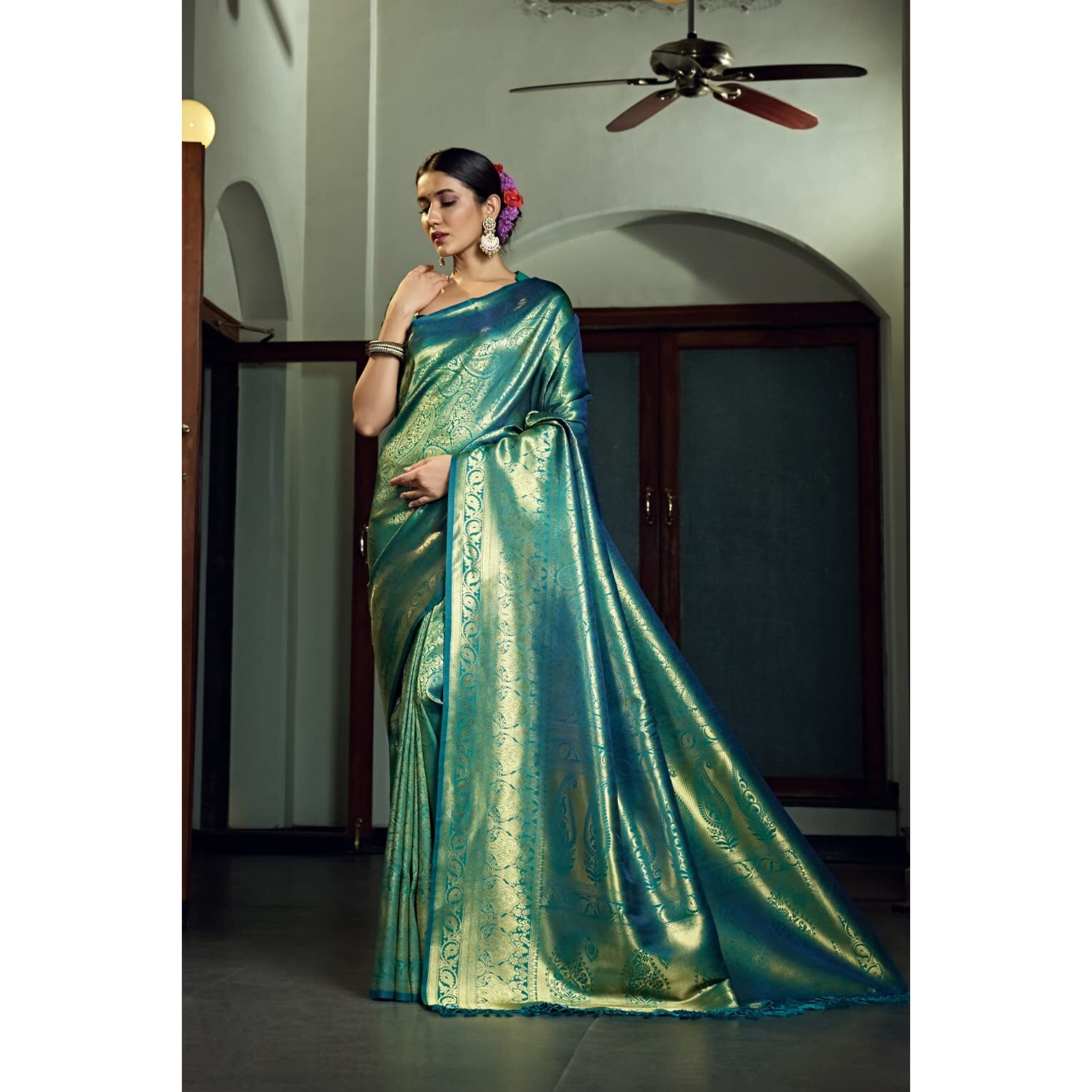 Vardha Womens Kanchipuram Art Silk Saree with Unstitched Blouse Piece - Zari Woven Work Sarees for Wedding (Kasuba Silk, 477, Teal Blue)