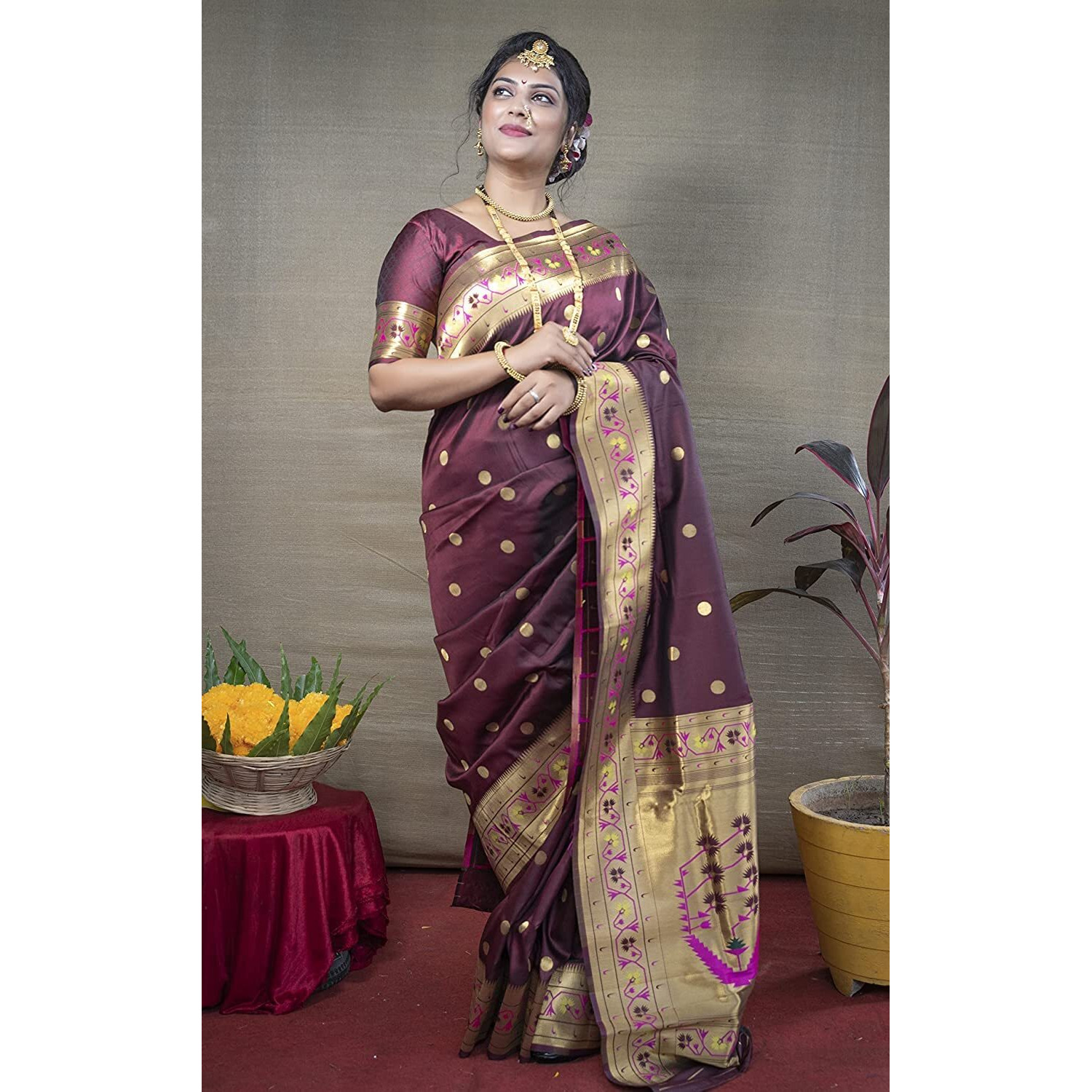SGF11 Womens Paithani Kanjivaram Soft Silk Saree With Blouse Piece (Maroon)