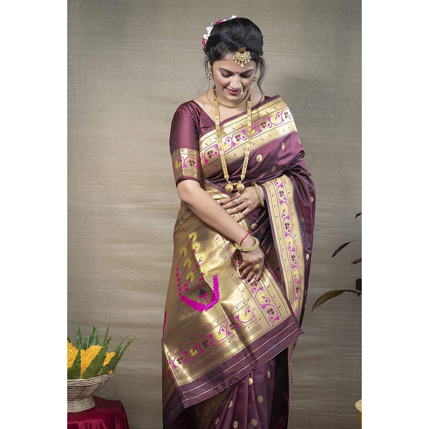 SGF11 Womens Paithani Kanjivaram Soft Silk Saree With Blouse Piece (Maroon)