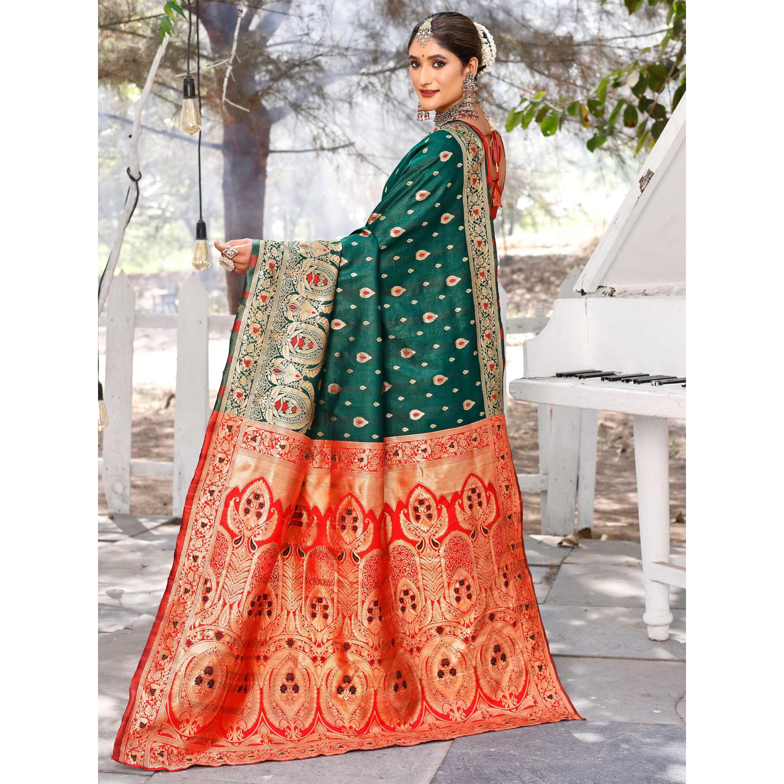 Leriya Fashion Womens Pure Jacquard Banarasi Kanjivarm Cotton Silk Saree with Blouse Piece | Saree (Green)