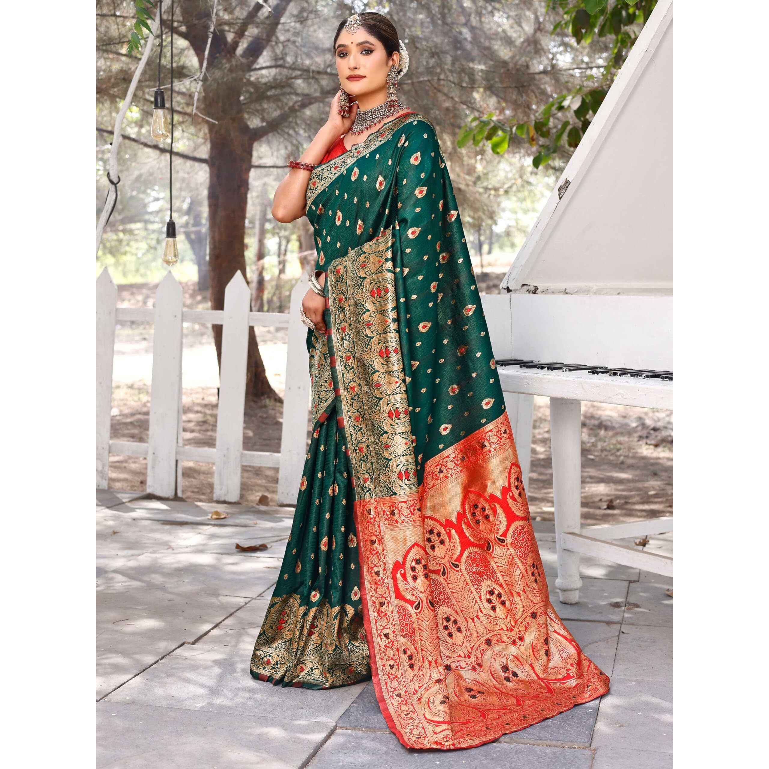 Leriya Fashion Womens Pure Jacquard Banarasi Kanjivarm Cotton Silk Saree with Blouse Piece | Saree (Green)