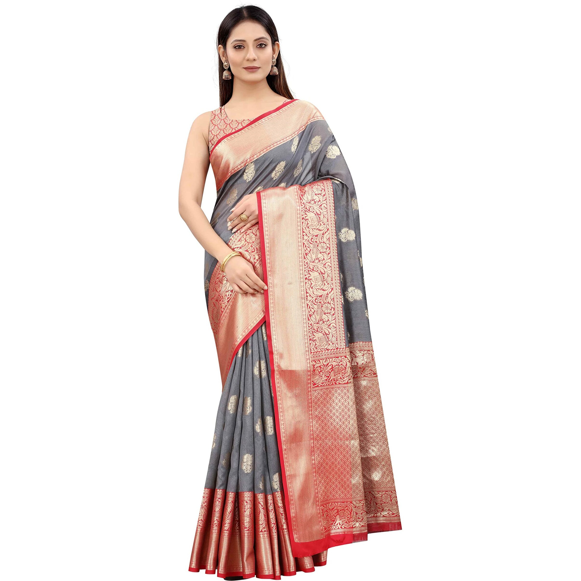 Enthone Womens Heavy Banarasi Art Silk Saree With Unstitched Blouse Piece(Grey)