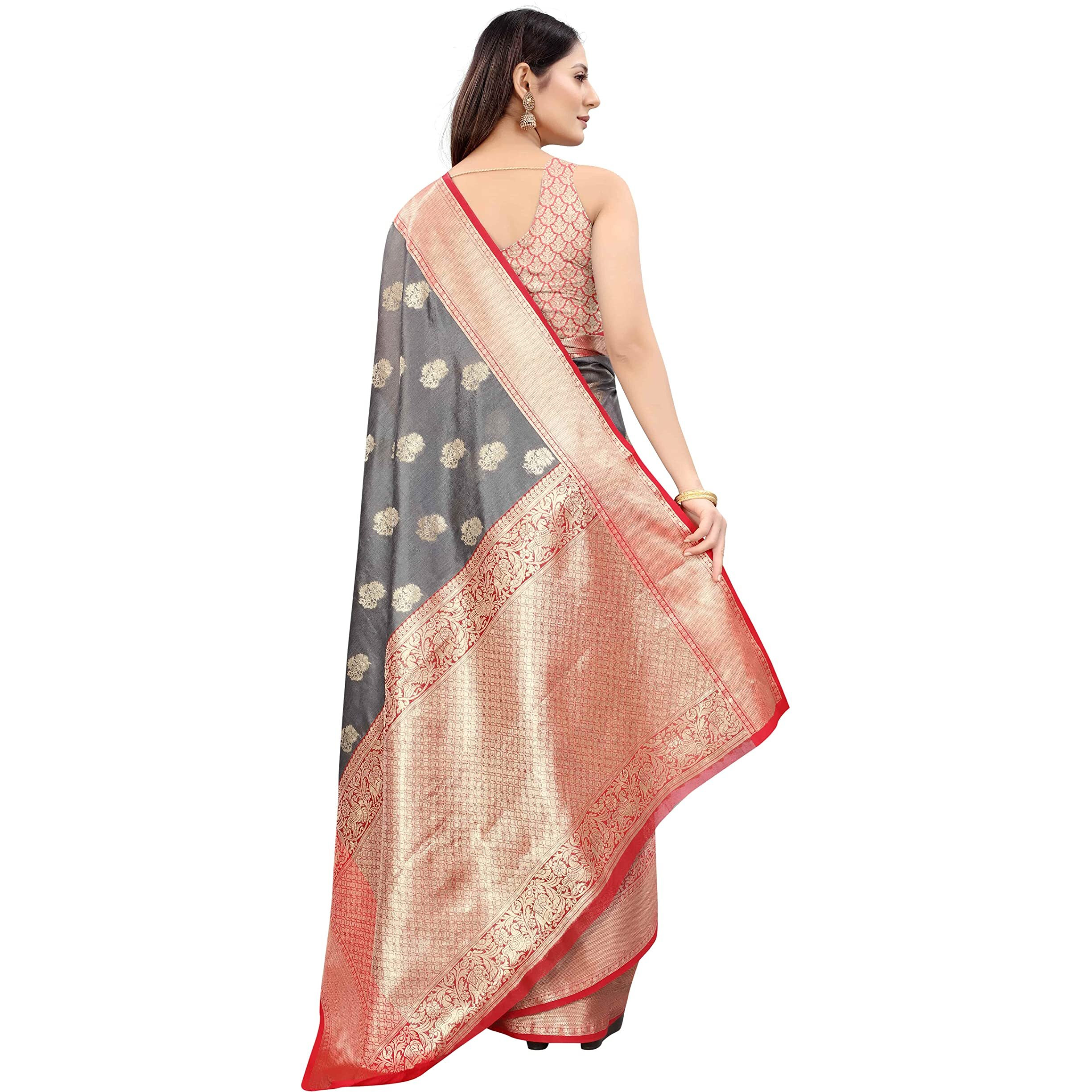 Enthone Womens Heavy Banarasi Art Silk Saree With Unstitched Blouse Piece(Grey)