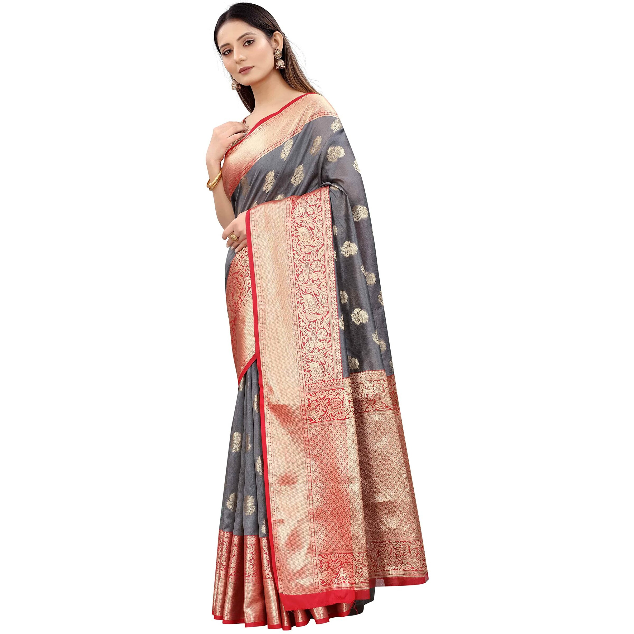 Enthone Womens Heavy Banarasi Art Silk Saree With Unstitched Blouse Piece(Grey)