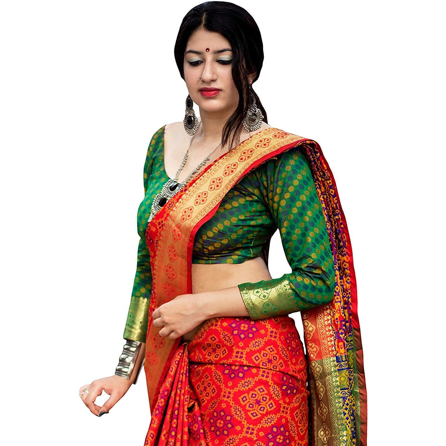 MSRETAIL Womens Banarasi Patola Silk Saree With Blouse Piece (HM-PATOLA-2101-A_Red)