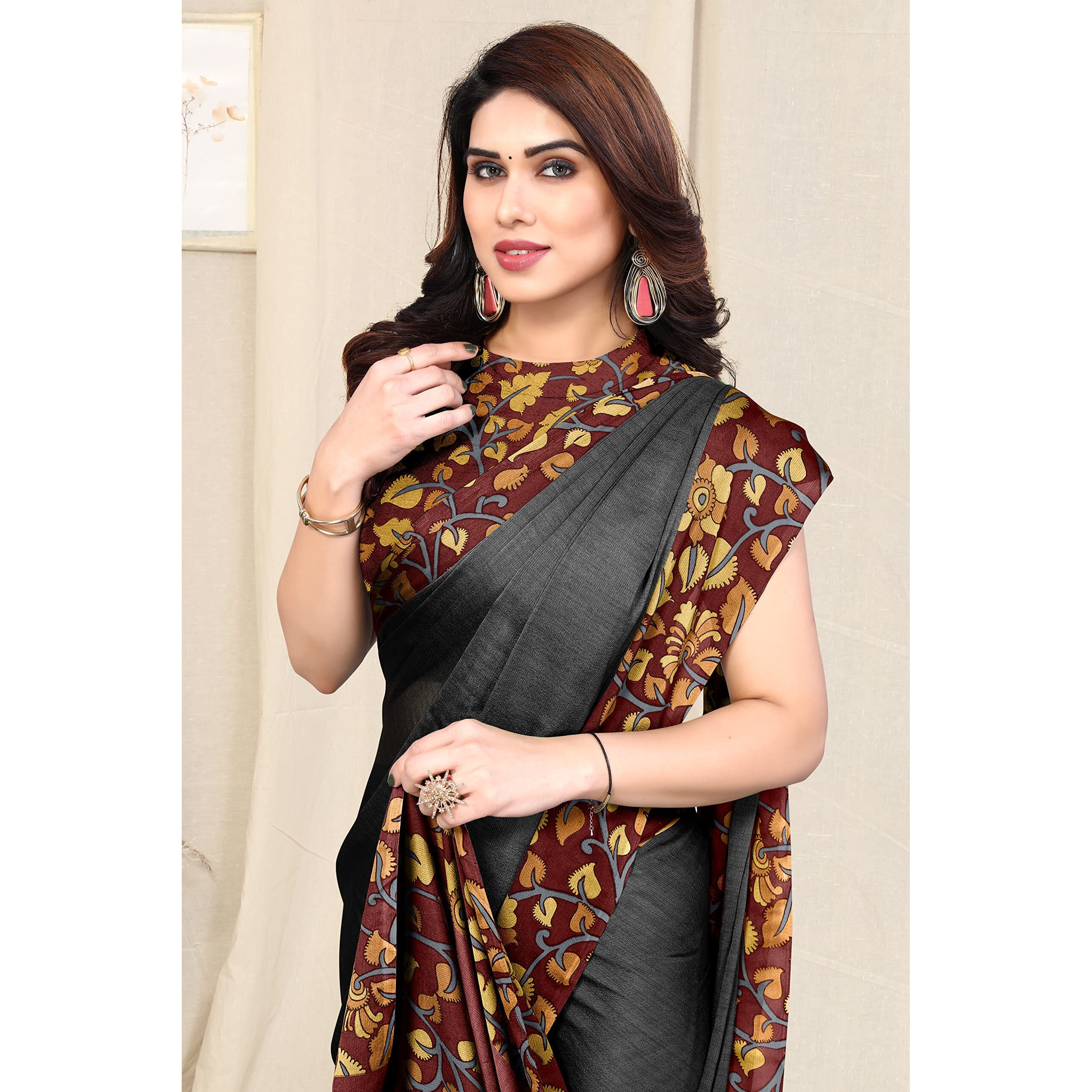 MIRCHI FASHION Womens Plain Weave Chiffon Kalmkari Border Pallu Printed Saree with Blouse Piece (38142-Black, Maroon)