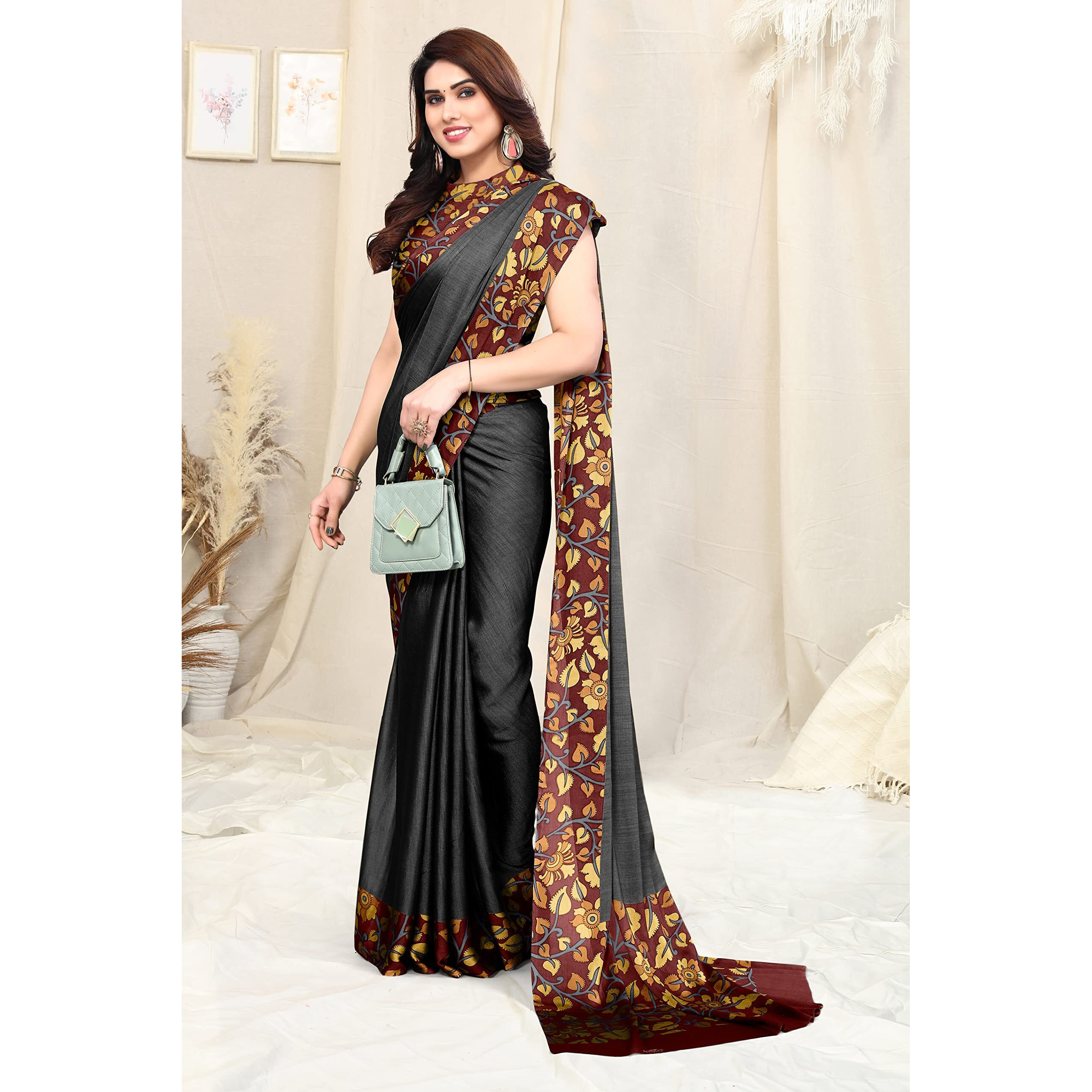 MIRCHI FASHION Womens Plain Weave Chiffon Kalmkari Border Pallu Printed Saree with Blouse Piece (38142-Black, Maroon)