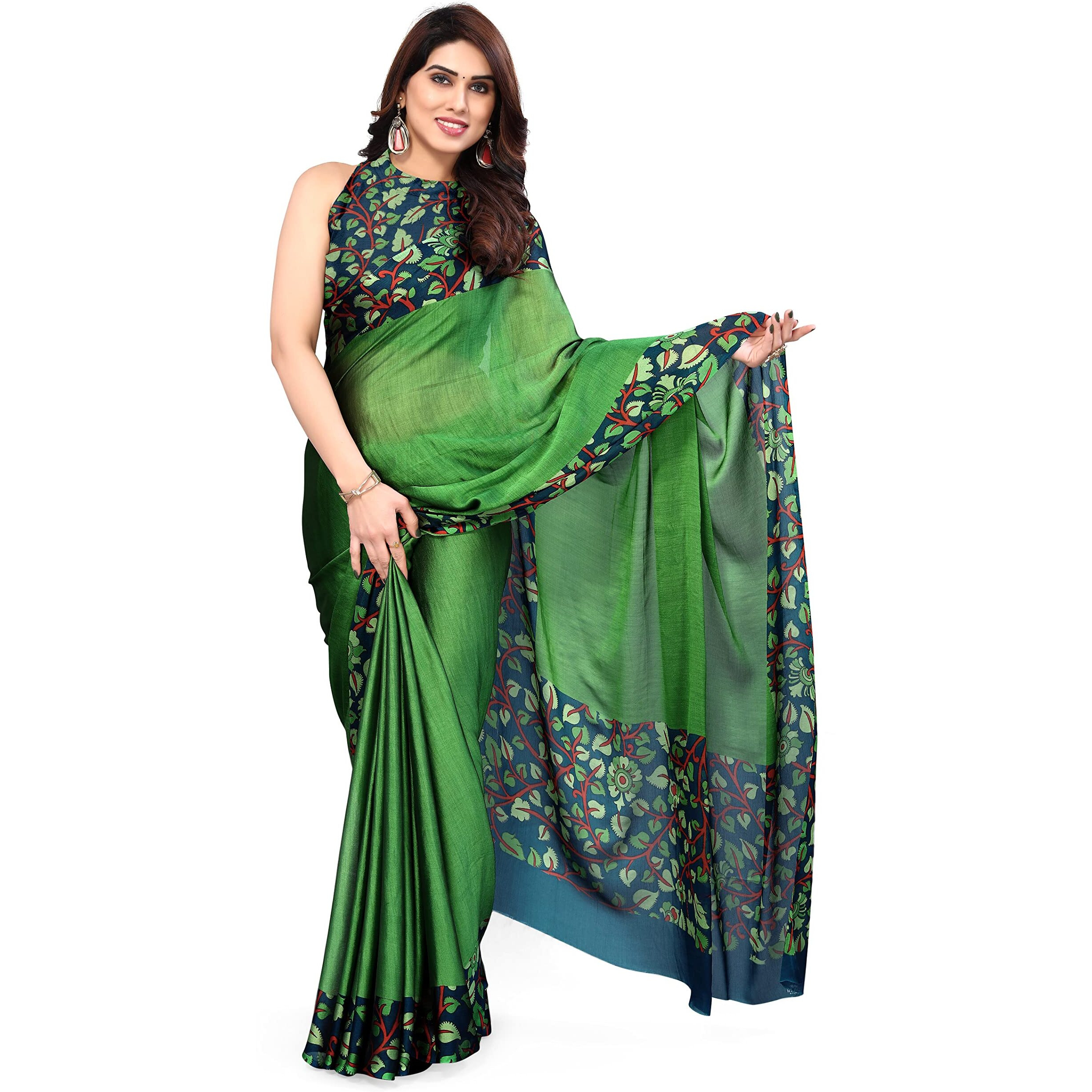 MIRCHI FASHION Womens Plain Weave Chiffon Kalmkari Border Pallu Printed Saree with Blouse Piece (38143-Parrot Green, Turquoise)