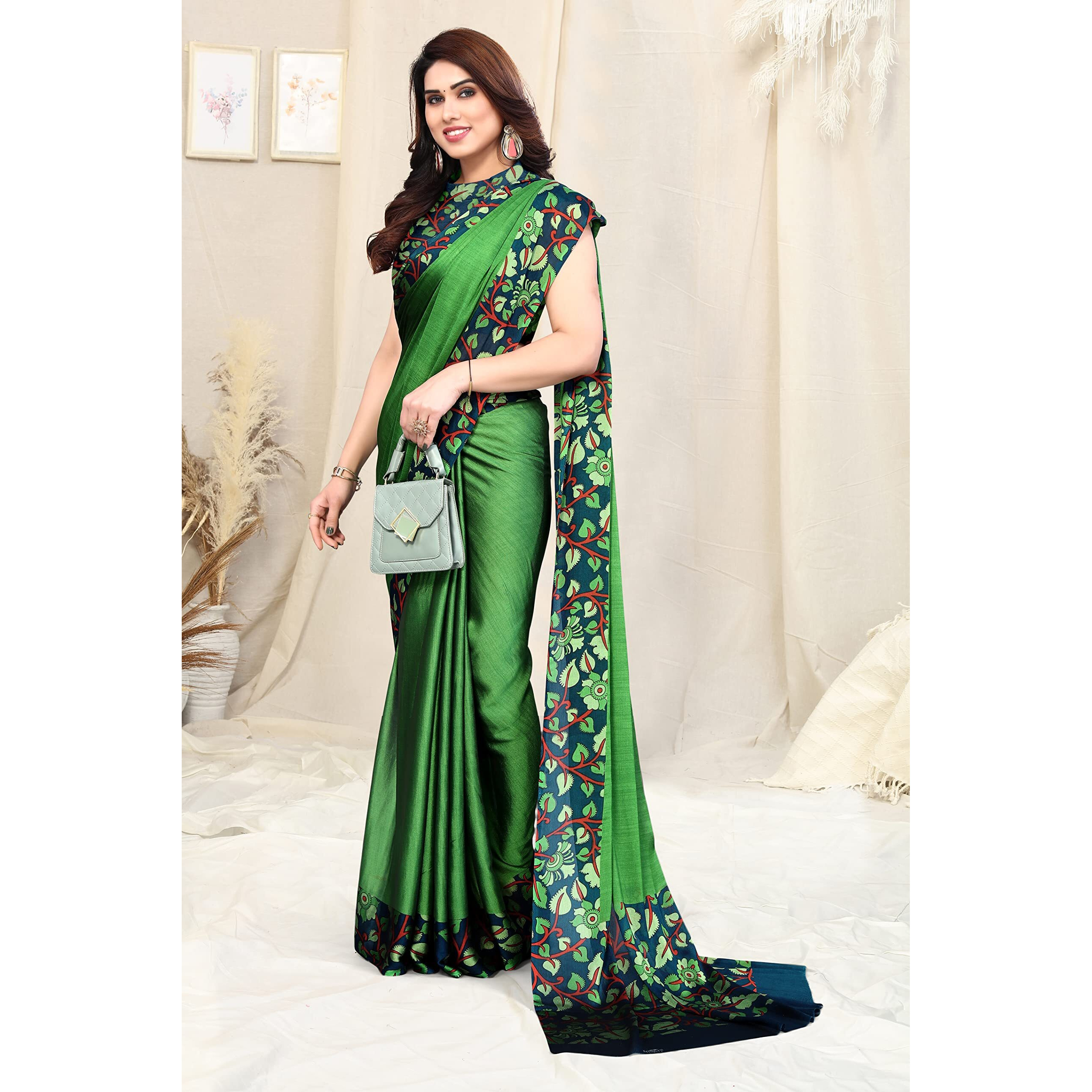 MIRCHI FASHION Womens Plain Weave Chiffon Kalmkari Border Pallu Printed Saree with Blouse Piece (38143-Parrot Green, Turquoise)