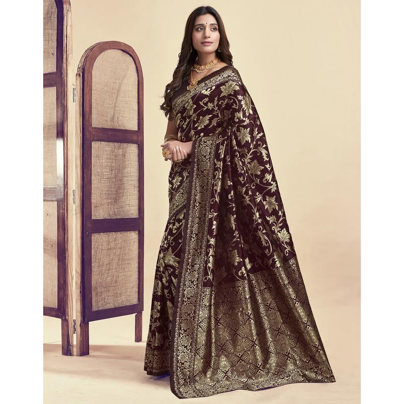 SIRIL Womens Silk Jacquard Saree With Unstitched Blouse Piece (3649S381_Dark Maroon)