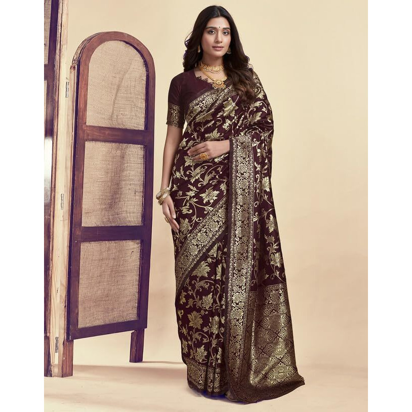 SIRIL Womens Silk Jacquard Saree With Unstitched Blouse Piece (3649S381_Dark Maroon)