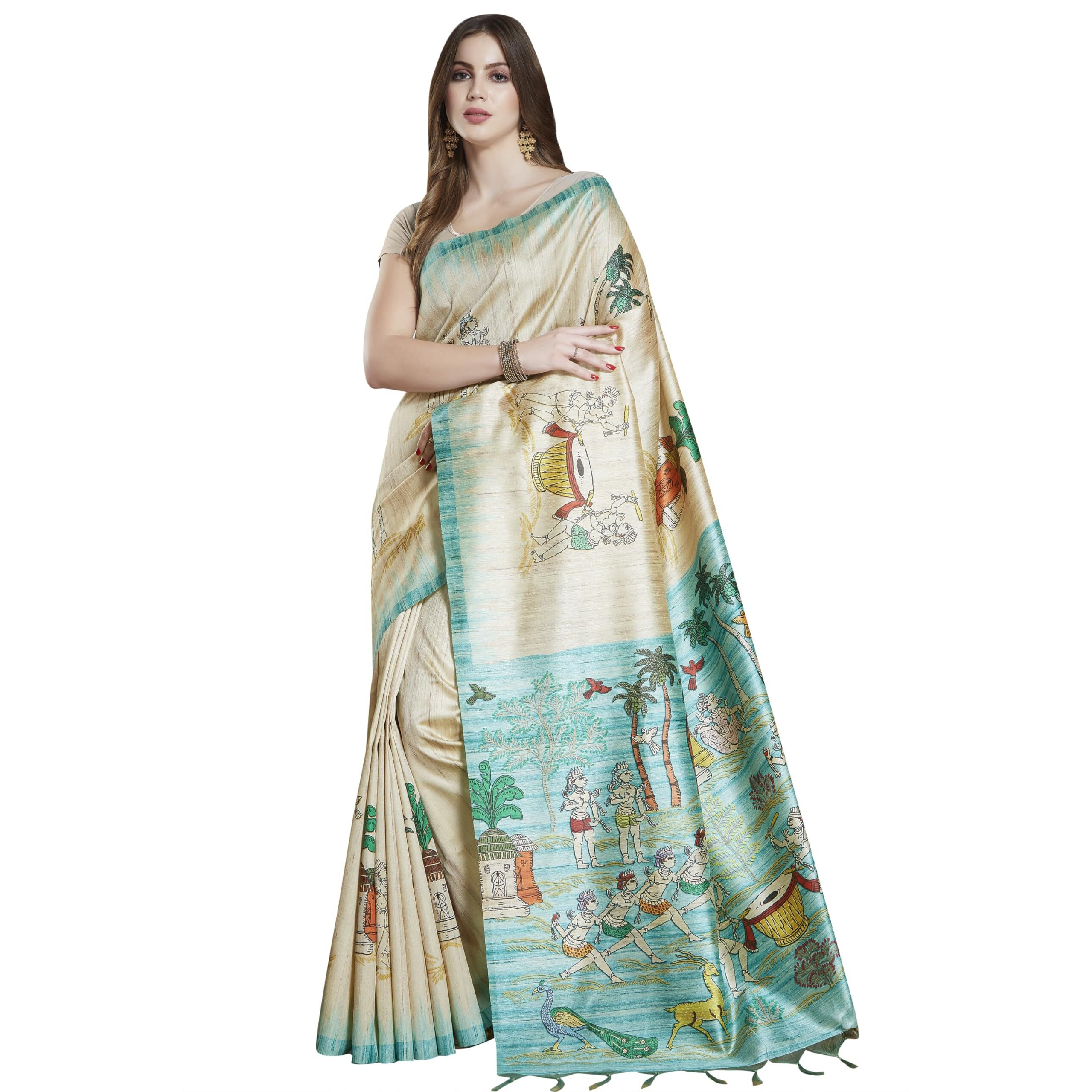 RANI SAAHIBA Womens Printed Art Tussar Silk Madhubani Saree With Blouse Piece (SKR11608_Beige-Sea Green)