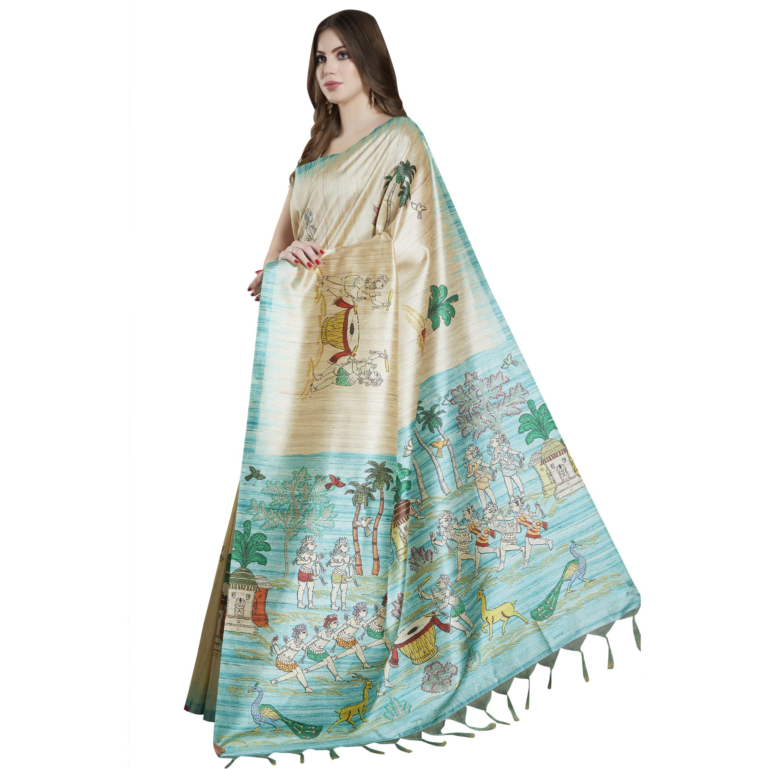 RANI SAAHIBA Womens Printed Art Tussar Silk Madhubani Saree With Blouse Piece (SKR11608_Beige-Sea Green)