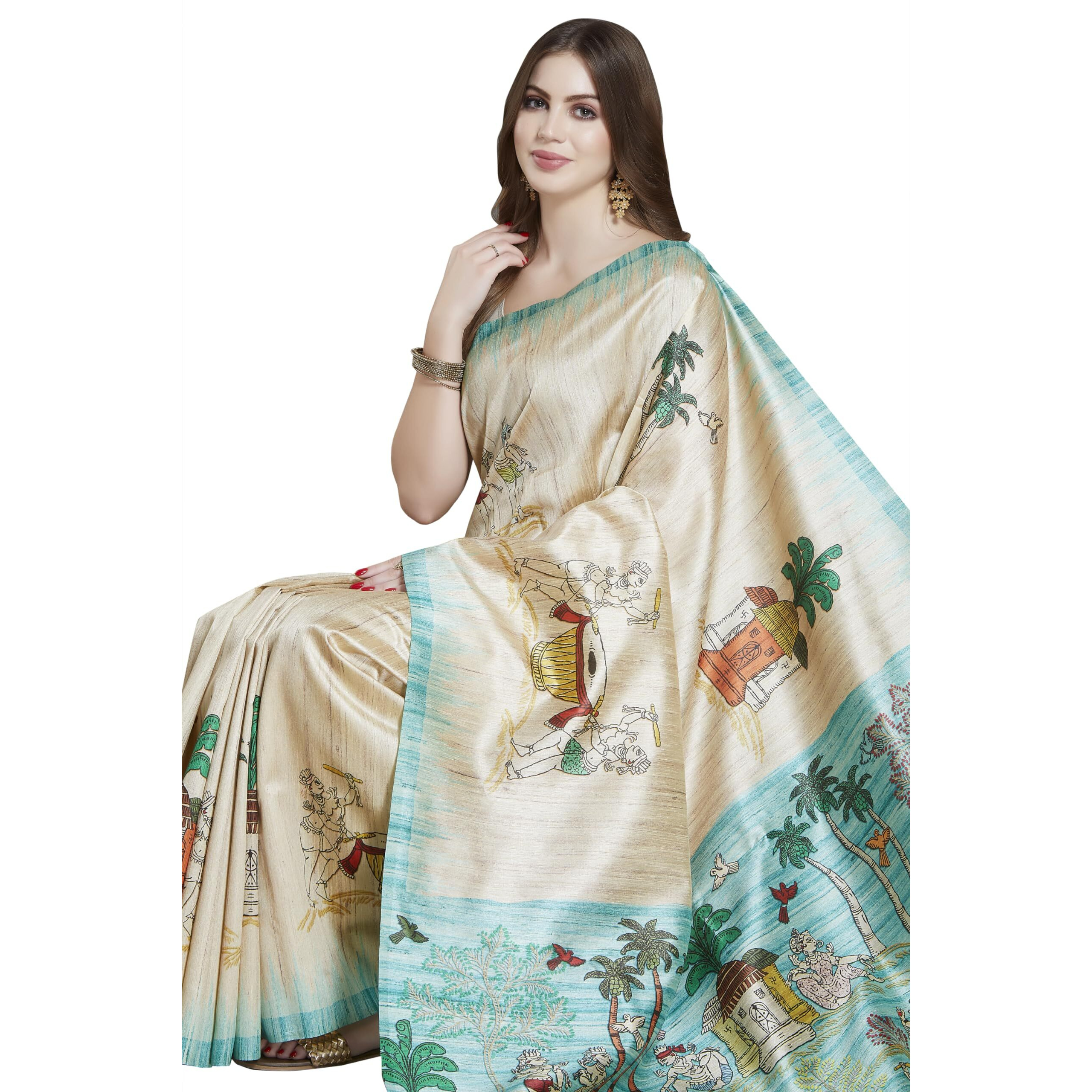 RANI SAAHIBA Womens Printed Art Tussar Silk Madhubani Saree With Blouse Piece (SKR11608_Beige-Sea Green)