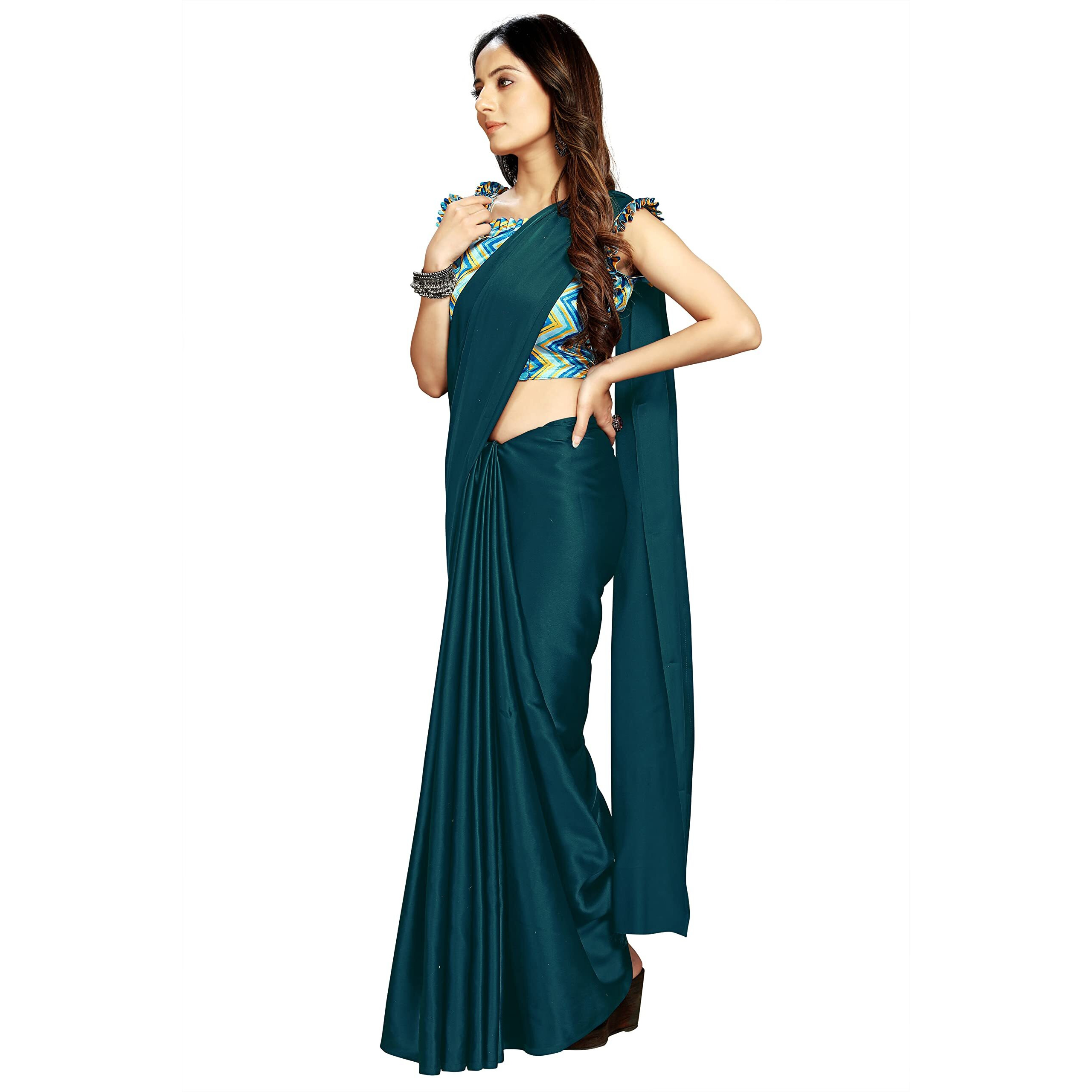 Kaugalian store Womens Solid Satin Silk Saree With Digital Printed Unstitched Blouse Piece - Sky Blue & Prussian Blue