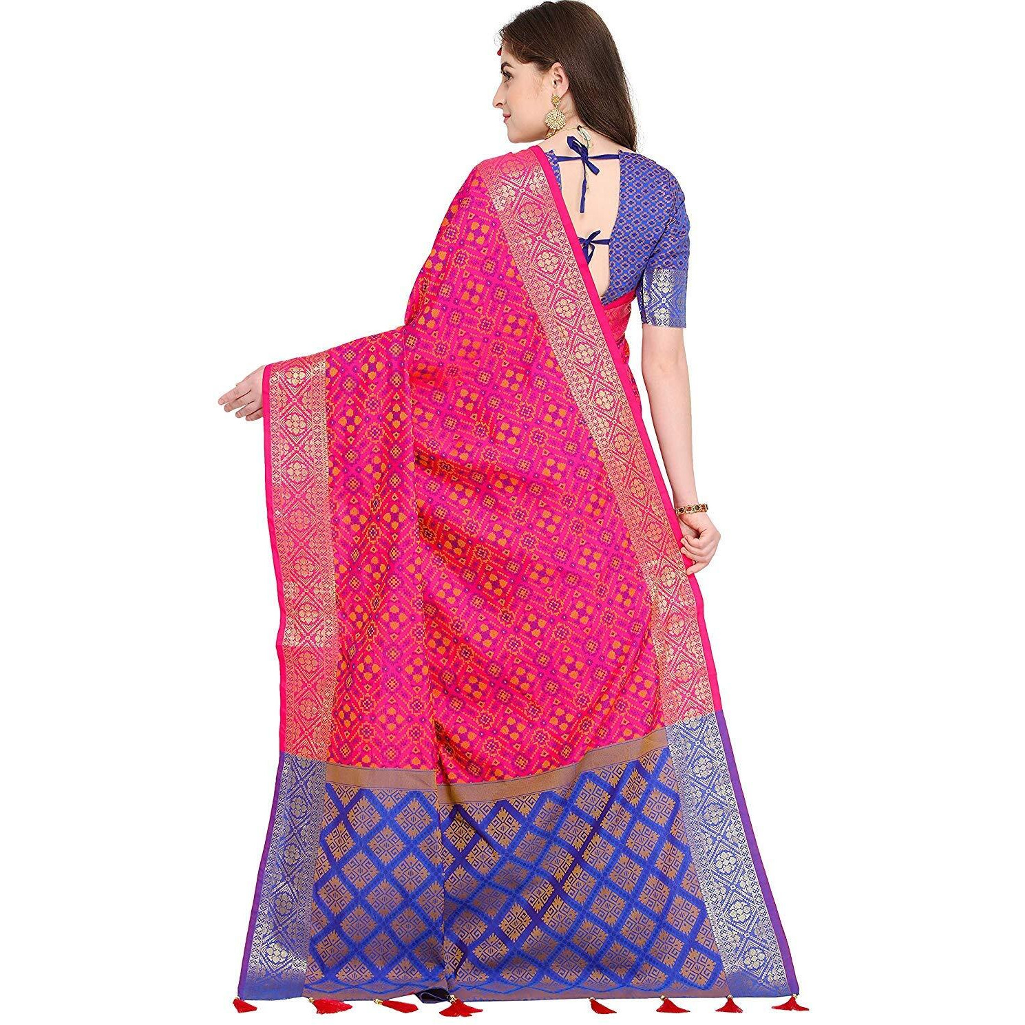 MSRETAIL Womens Banarasi Patola Silk Saree With Blouse Piece (HM-PATOLA-2105_Pink)