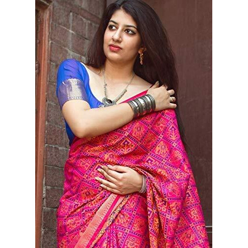 MSRETAIL Womens Banarasi Patola Silk Saree With Blouse Piece (HM-PATOLA-2105_Pink)