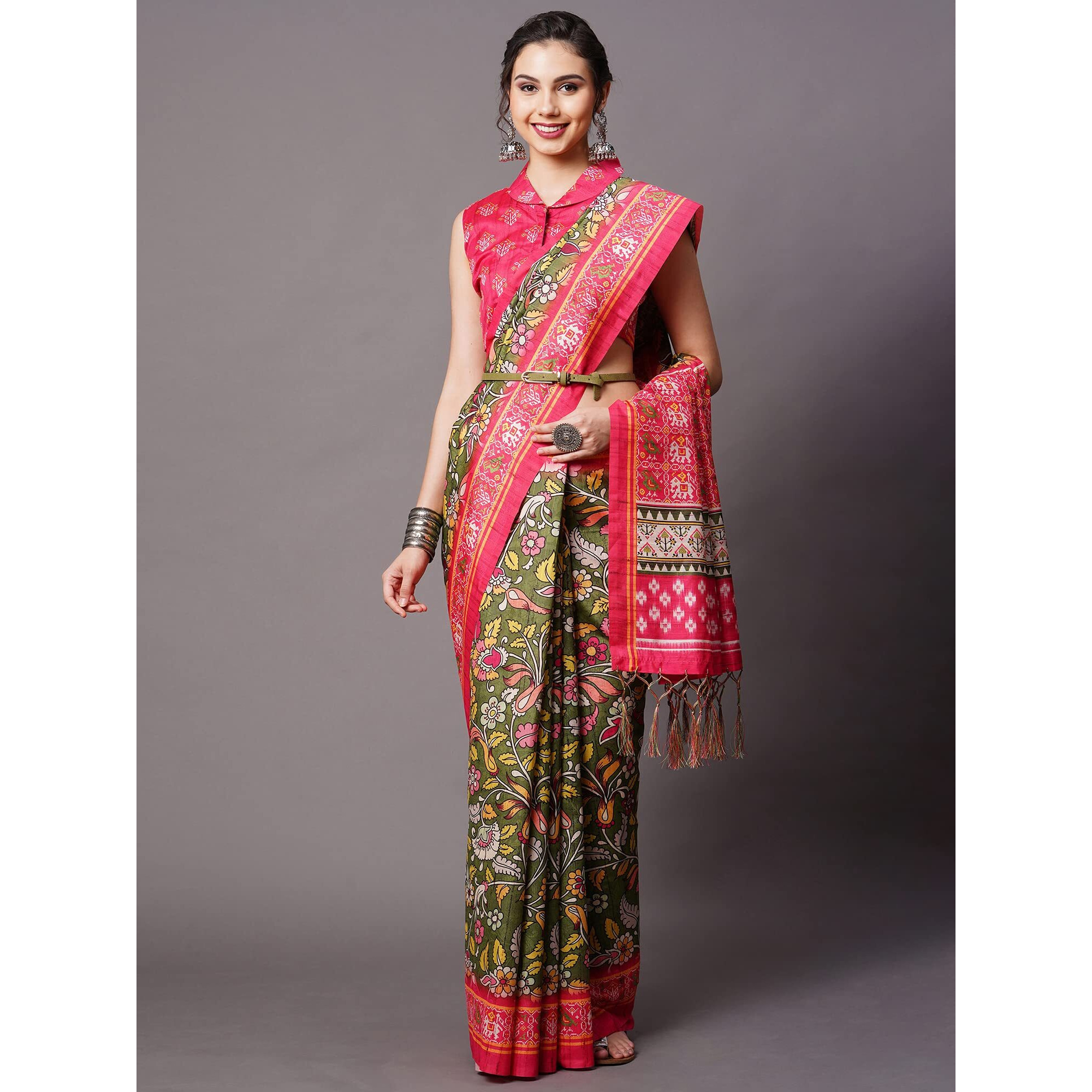 AKHILAM Womens Bhagalpuri Silk Floral Saree With Unstitched Blouse Piece(Olive Green_5NTYA507)