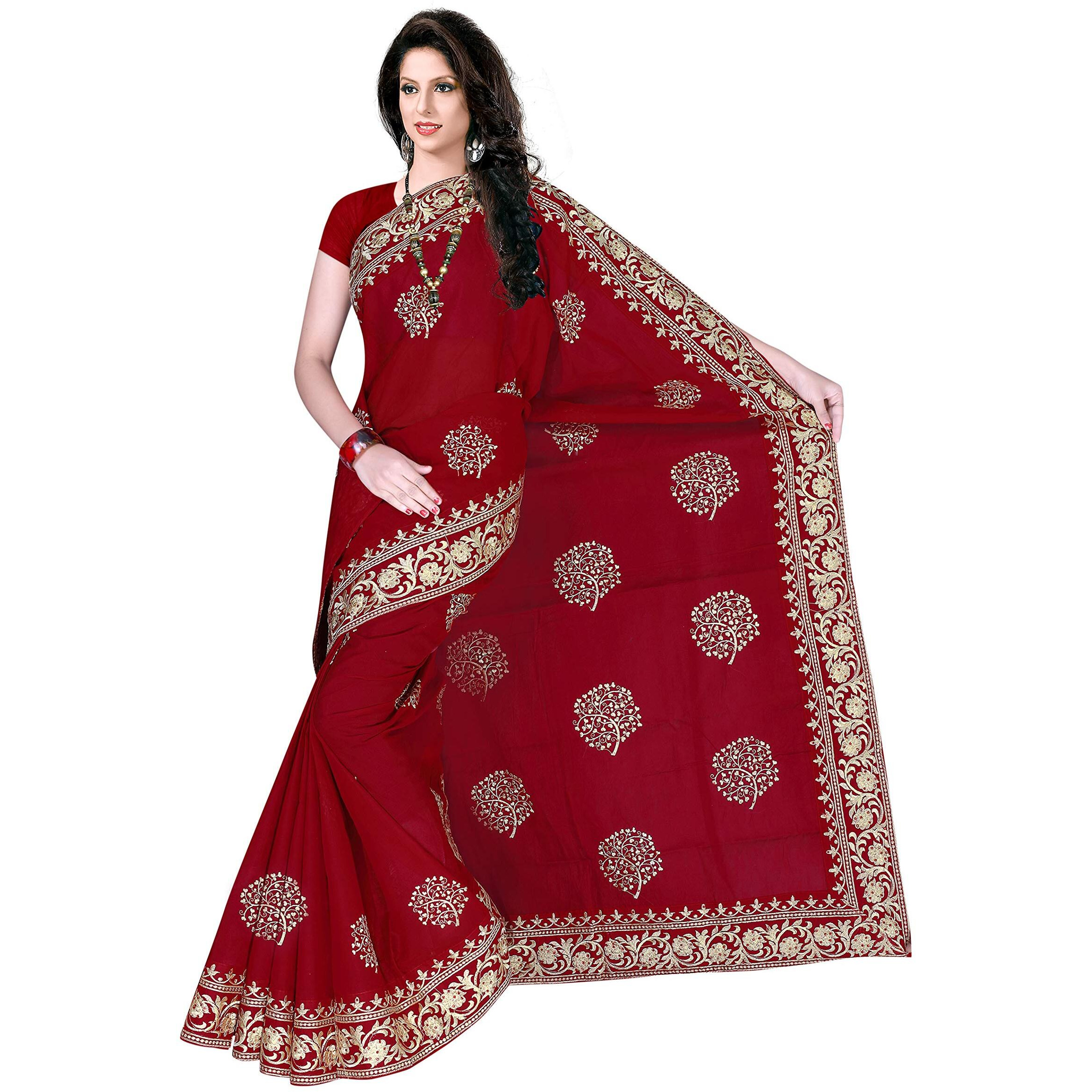 TAMAIRA FASHION Womens Plain Weave Pure Cotton Saree with Heavy Embroidery and stone work Without Blouse Piece (Red)
