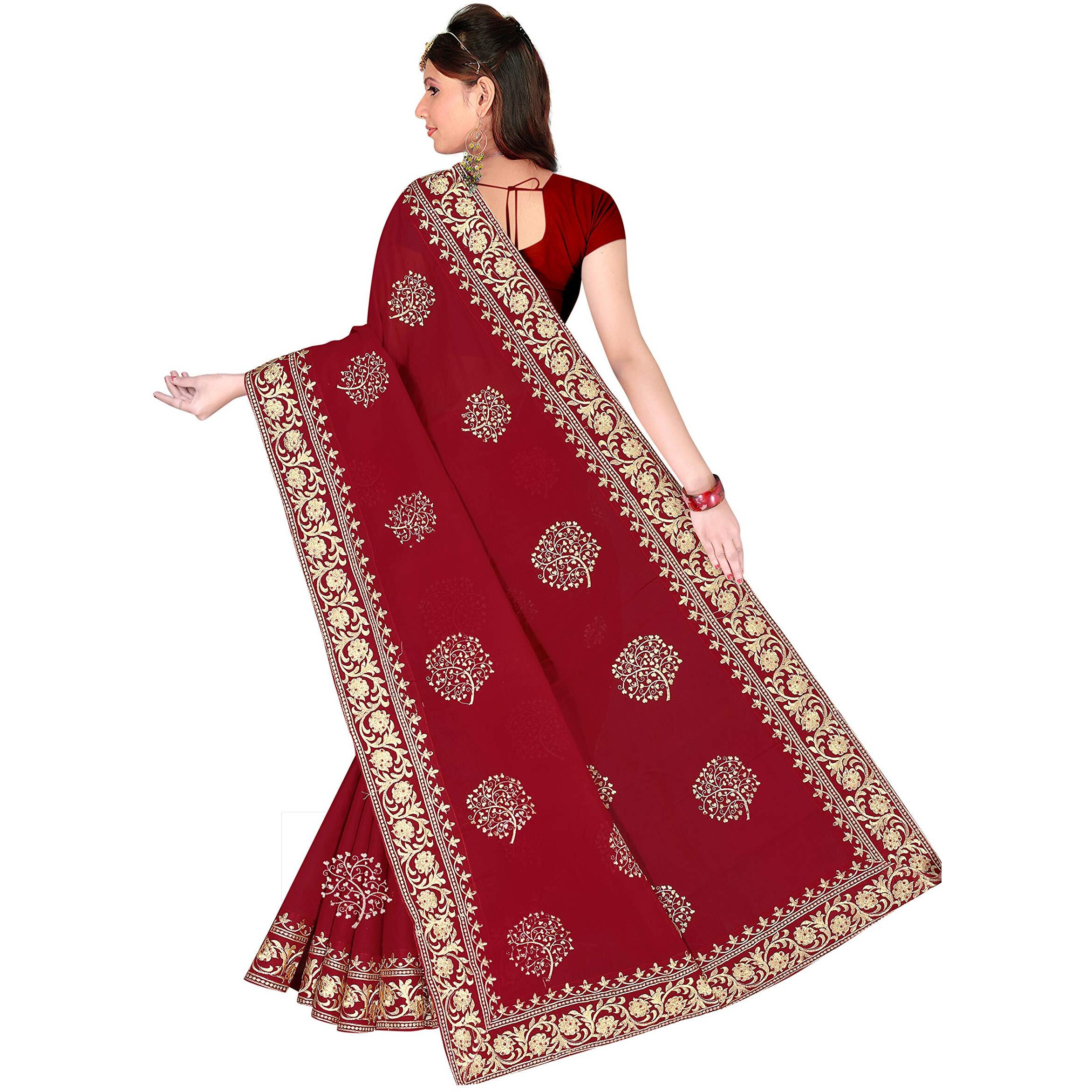 TAMAIRA FASHION Womens Plain Weave Pure Cotton Saree with Heavy Embroidery and stone work Without Blouse Piece (Red)