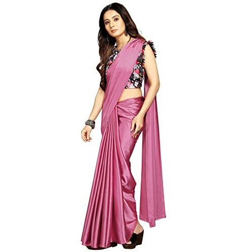 Kaugalian store Womens Solid Satin Silk Saree With Digital Printed Unstitched Blouse Piece - Sky Blue & Magenta