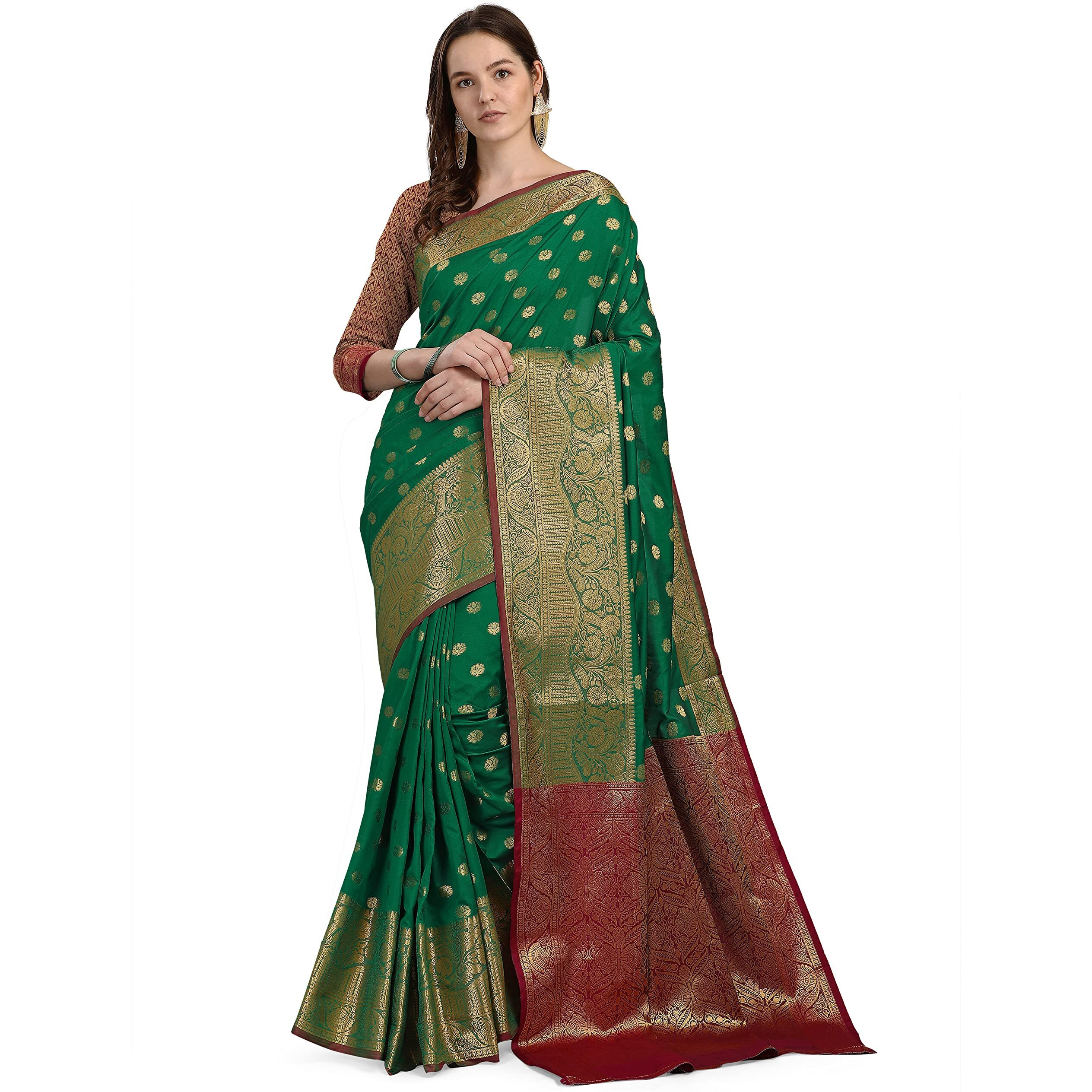 CRISKO FASHION Womens Banarasi Silk Saree With Un-stitched Blouse Piece - (GREEN)
