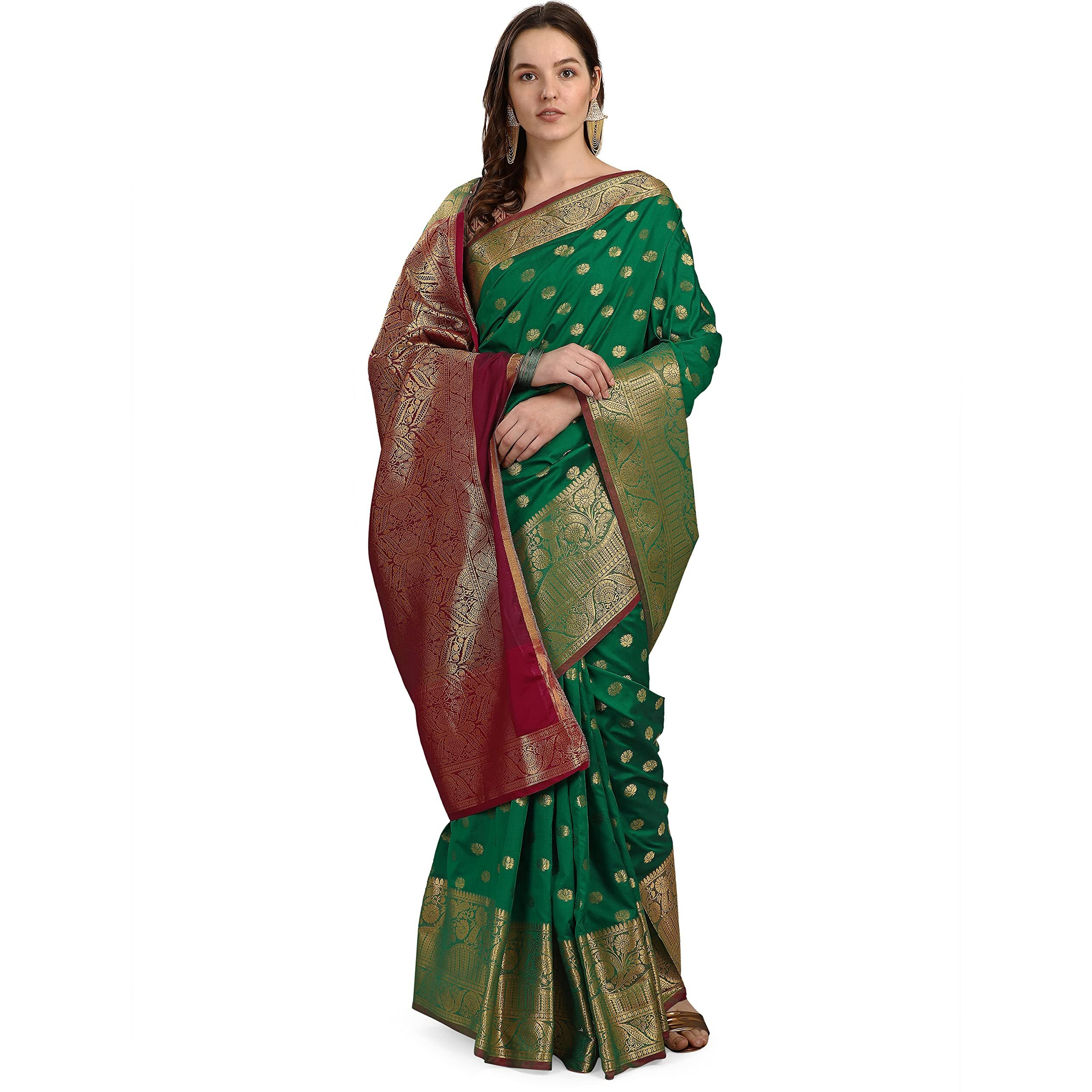 CRISKO FASHION Womens Banarasi Silk Saree With Un-stitched Blouse Piece - (GREEN)