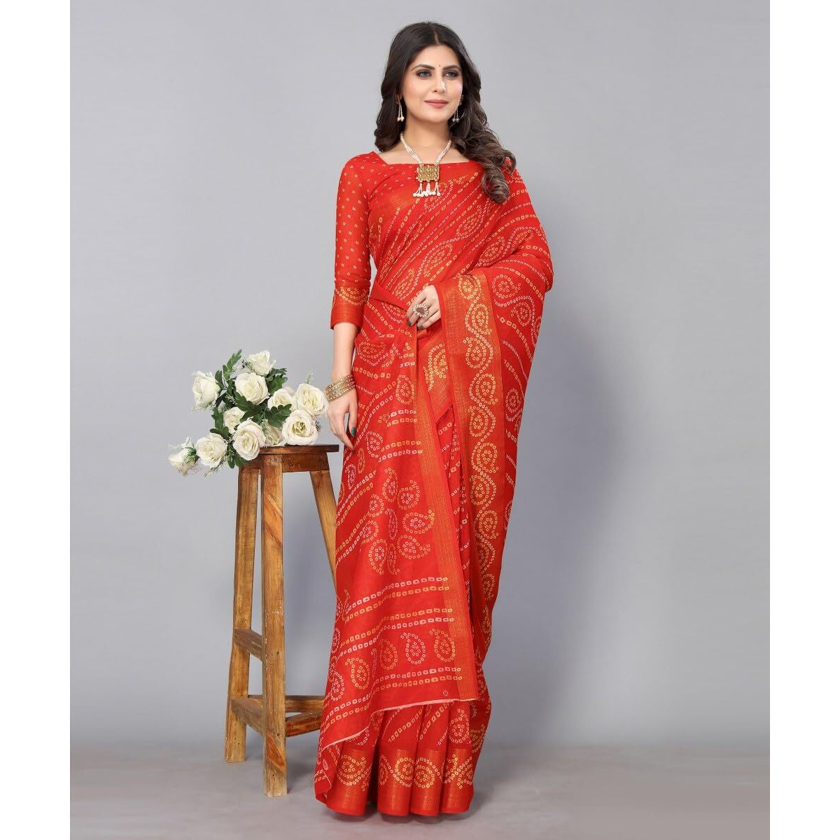 Yashika Womens Linen Jari Printed Red Color Saree With Blouse Piece(JETPURI RED)