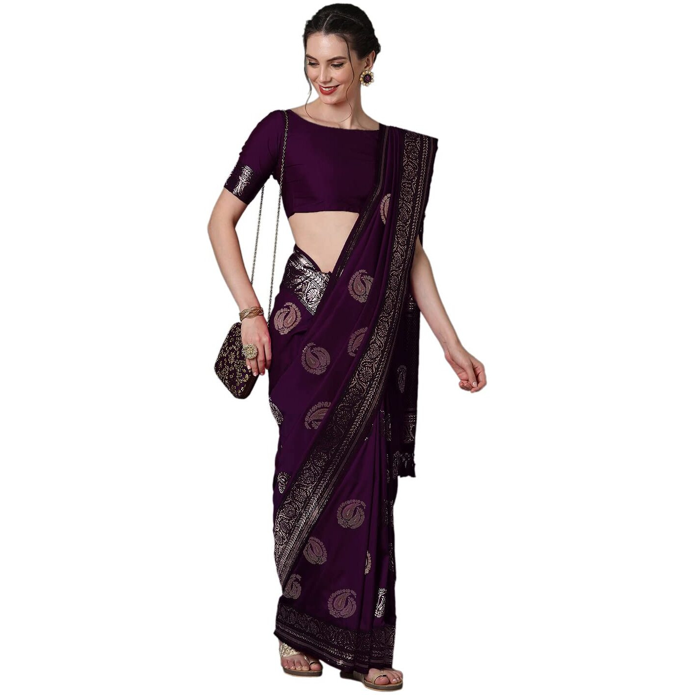 AKHILAM Womens Floral Silk Blend Woven Design Saree With Unstitched Blouse Piece (Purple_3PAKHI5104B)