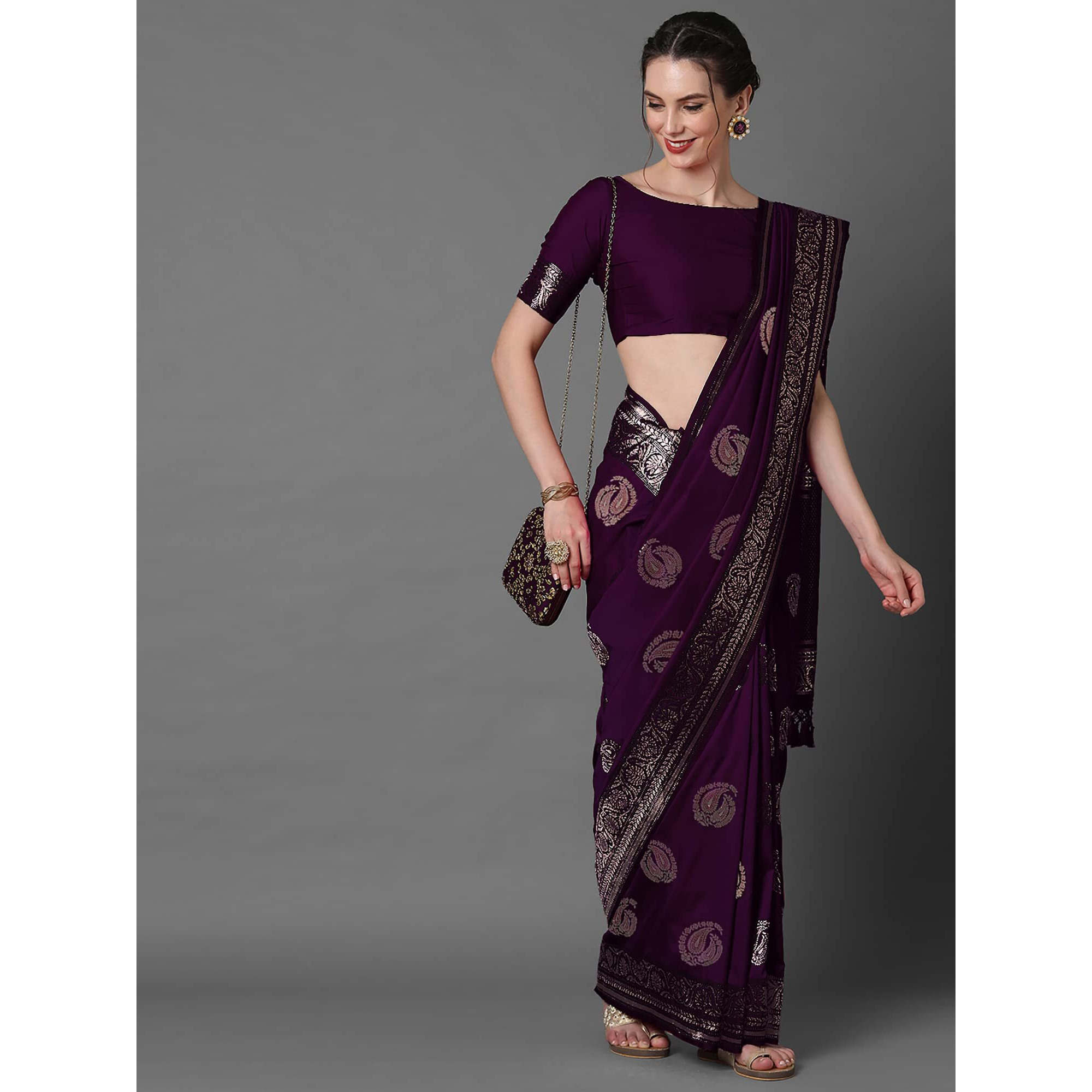 AKHILAM Womens Floral Silk Blend Woven Design Saree With Unstitched Blouse Piece (Purple_3PAKHI5104B)