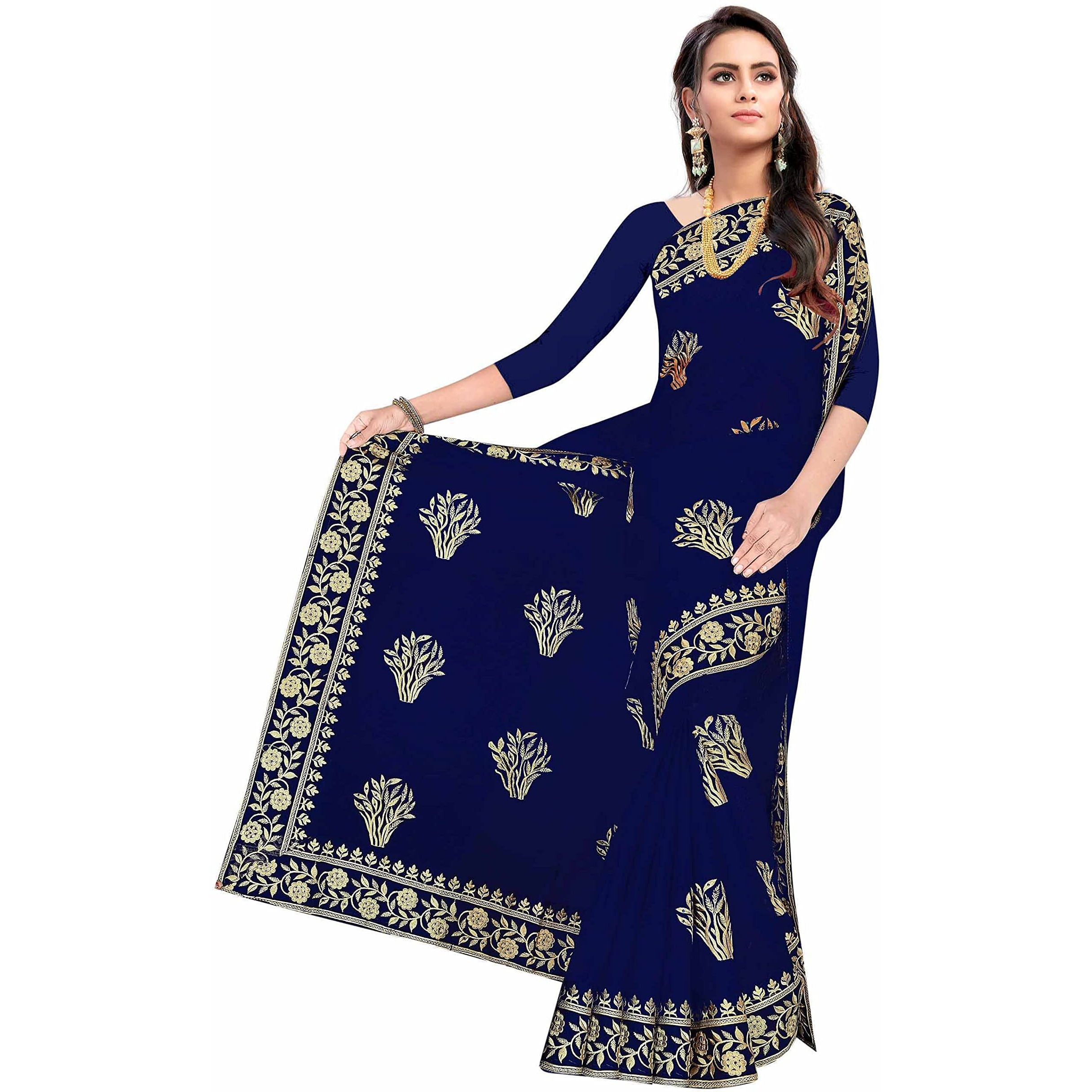 TAMAIRA FASHION Womens Plain Weave Pure Cotton Saree with Heavy Embroidery and stone work Without Blouse Piece (Blue)