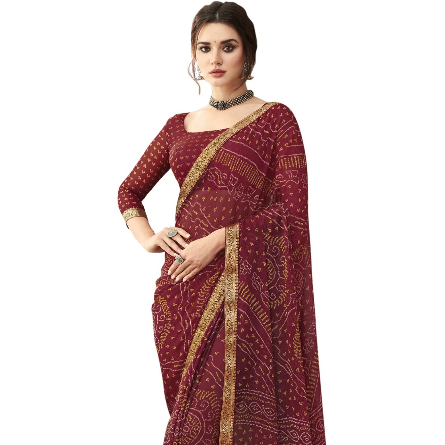 Satrani Womens Bandhani Printed & Lace Chiffon Saree with Blouse(2202SR872_Maroon1)