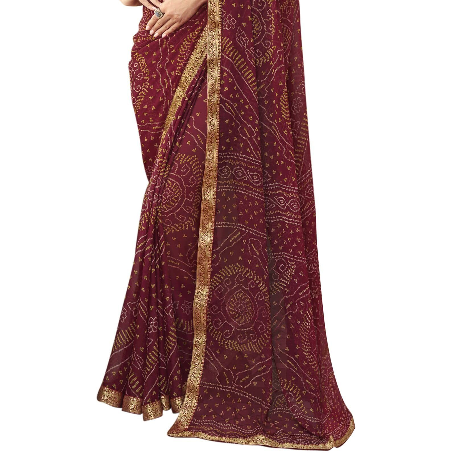 Satrani Womens Bandhani Printed & Lace Chiffon Saree with Blouse(2202SR872_Maroon1)