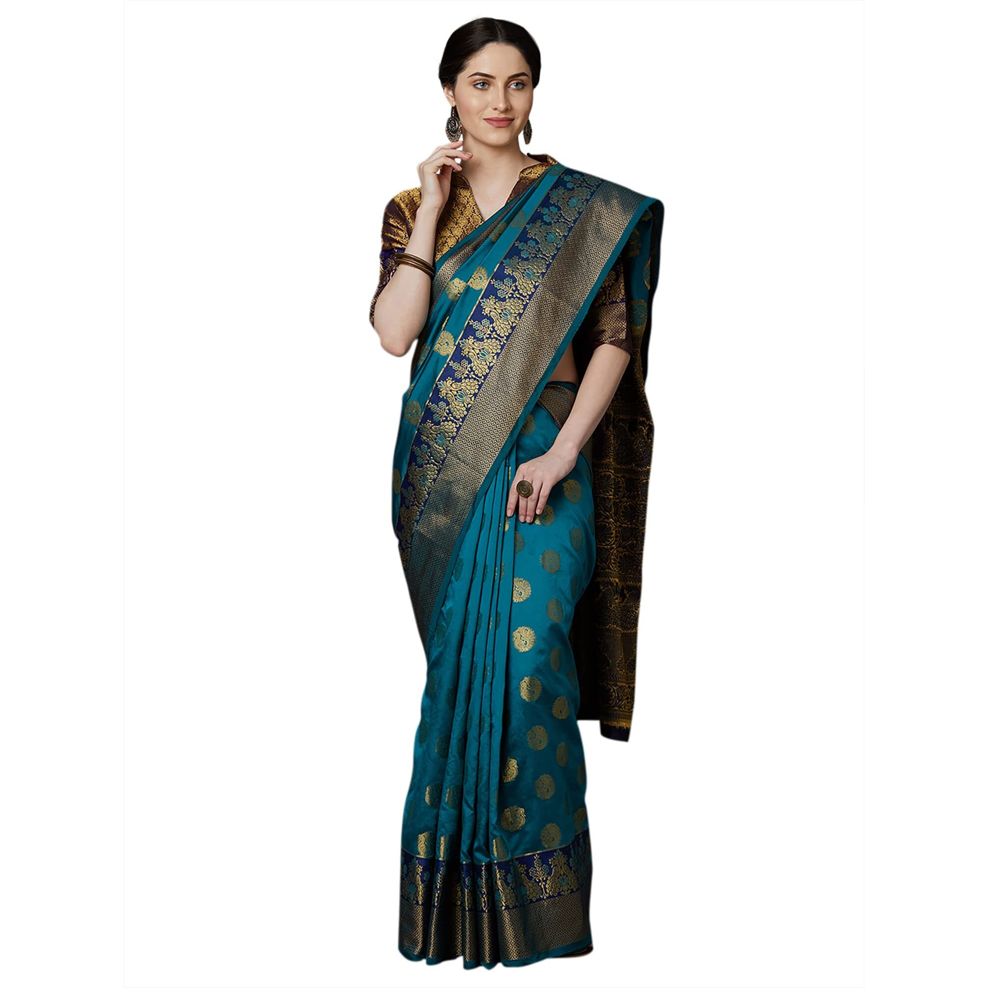 AKHILAM Womens Kanjivaram Banarasi Silk Woven Design Saree With Unstitched Blouse Piece (Teal blue_VSPC7502)