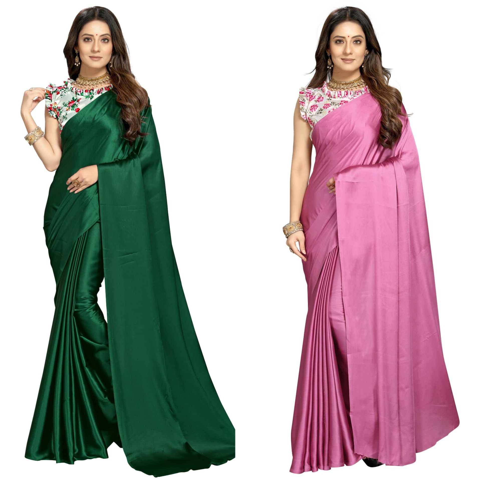 FLORESTA FASHION Combo Of 2 Soft Satin Silk Saree For Women With a Digital Printed Unstieched Blouse Piece(2 Piece Saree & 2 Unstieched Blouse Piece) (HO. GREEN + HO. MAGENTA)
