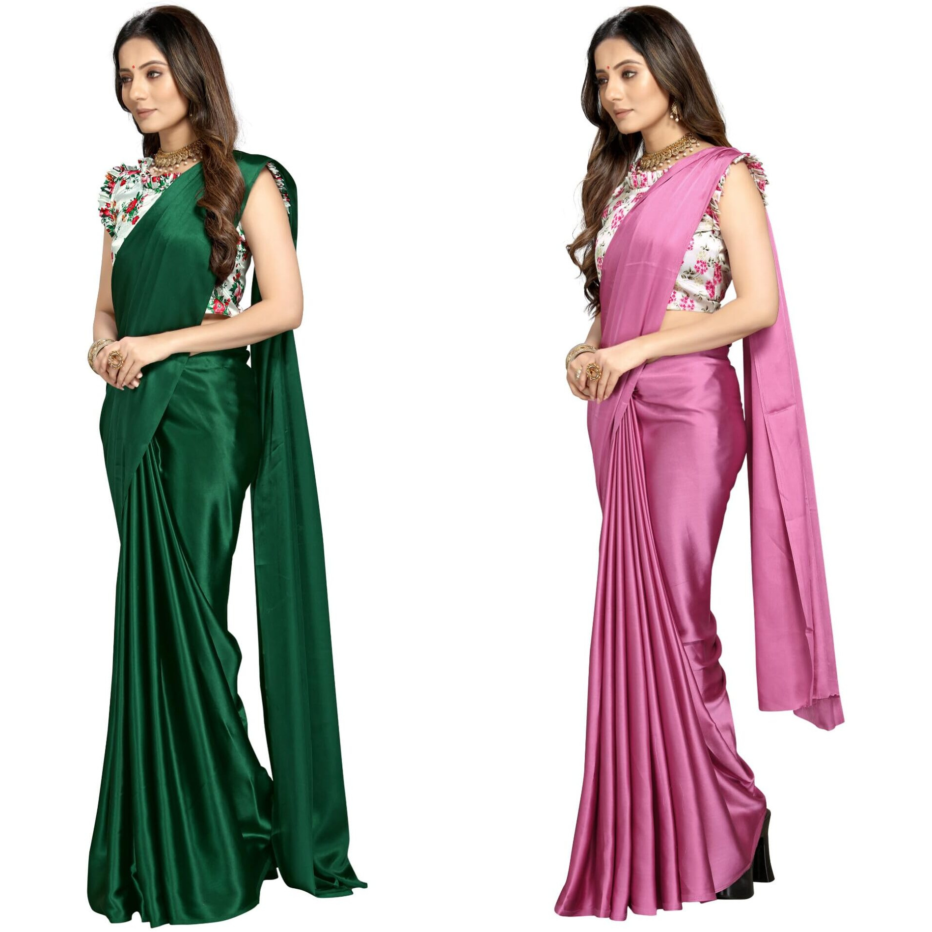 FLORESTA FASHION Combo Of 2 Soft Satin Silk Saree For Women With a Digital Printed Unstieched Blouse Piece(2 Piece Saree & 2 Unstieched Blouse Piece) (HO. GREEN + HO. MAGENTA)
