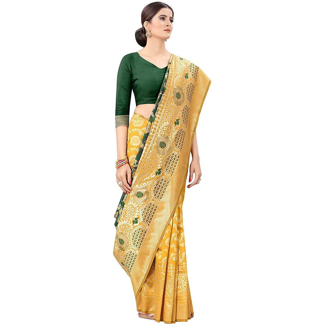 SILK LAND Womens Kanchipuram Gold Silk Saree With Unstitched Blouse Piece(Green)
