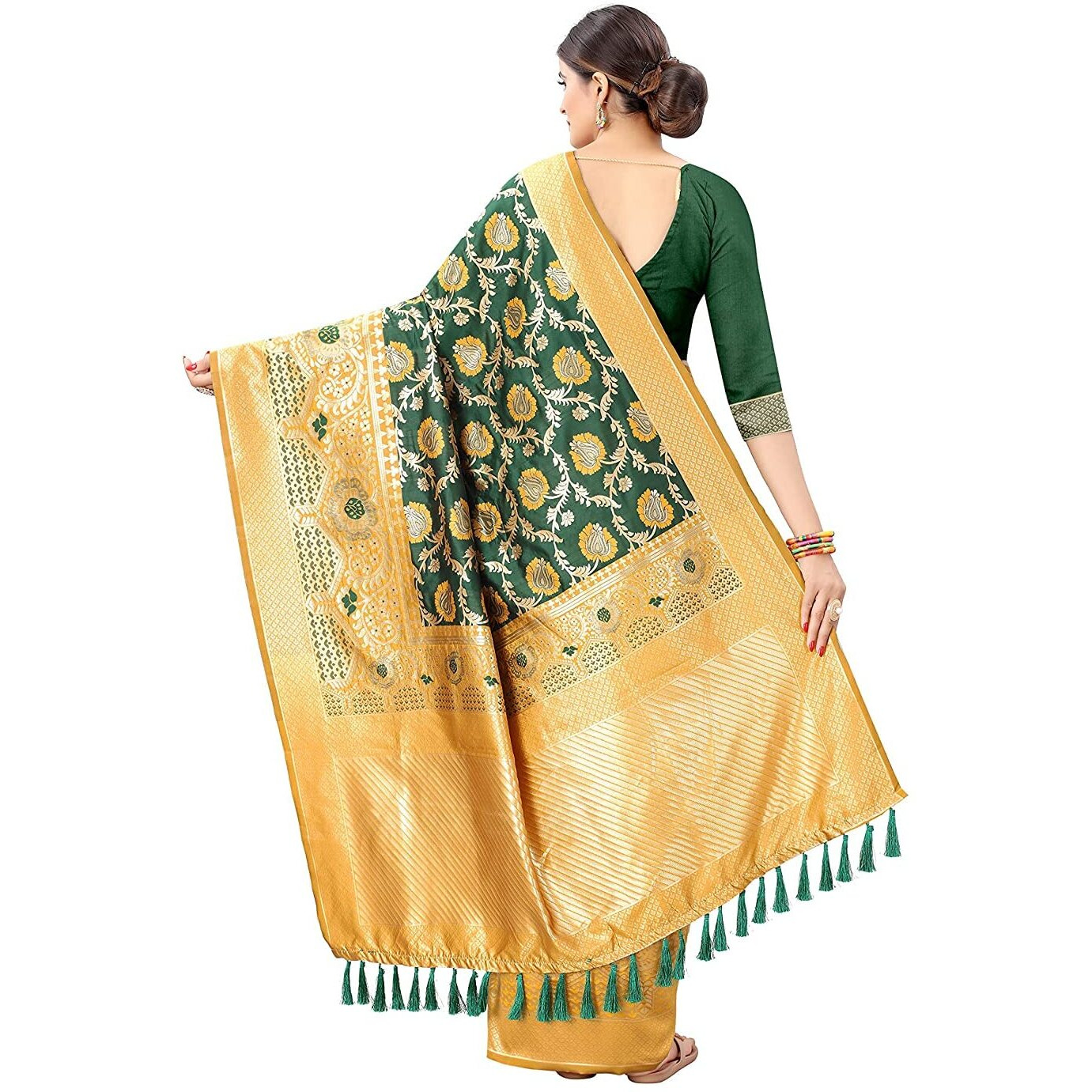 SILK LAND Womens Kanchipuram Gold Silk Saree With Unstitched Blouse Piece(Green)