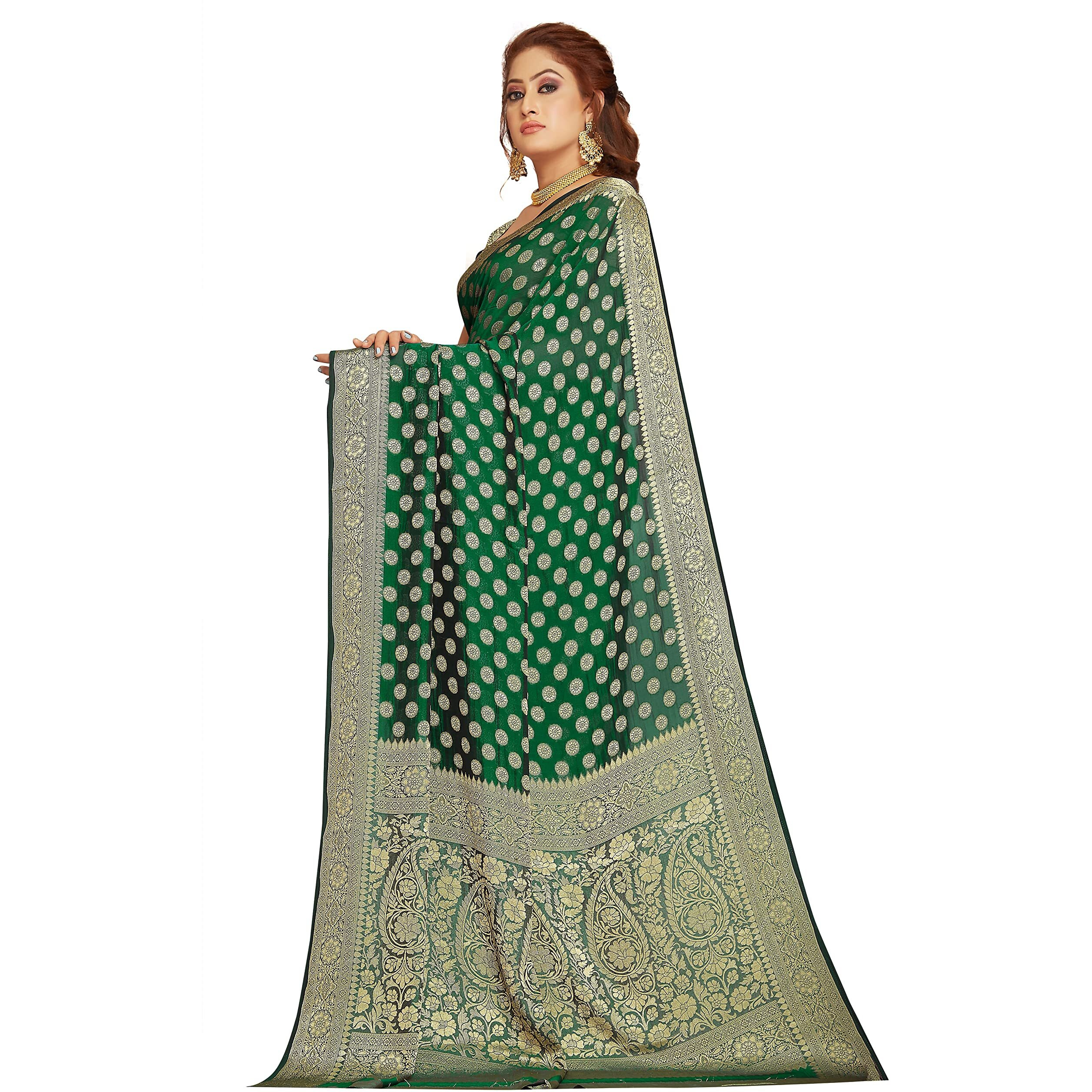 RANI SAAHIBA Womens Georgette Silk Resham Woven Saree With Blouse Piece (SKR10209_Jungle Green)
