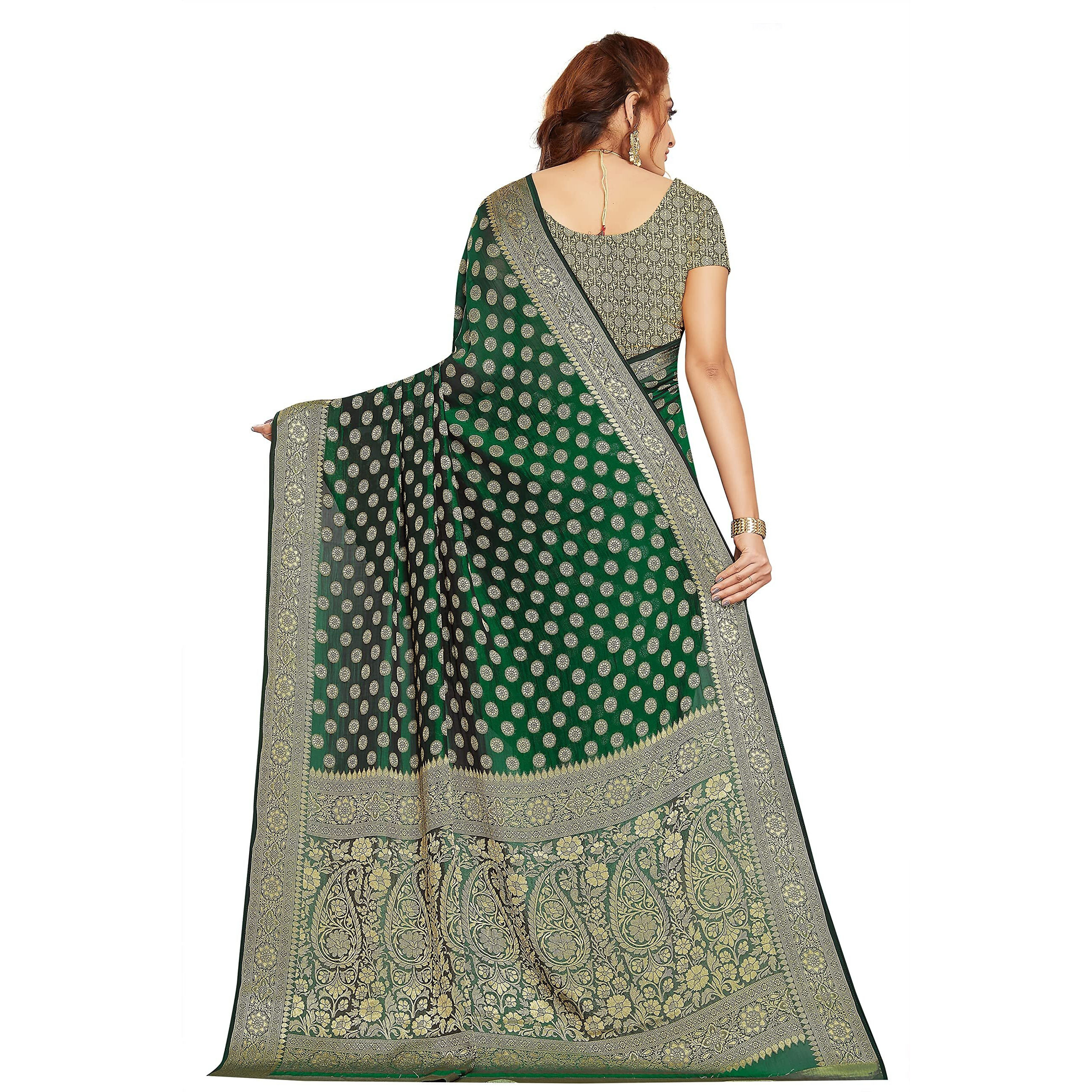 RANI SAAHIBA Womens Georgette Silk Resham Woven Saree With Blouse Piece (SKR10209_Jungle Green)