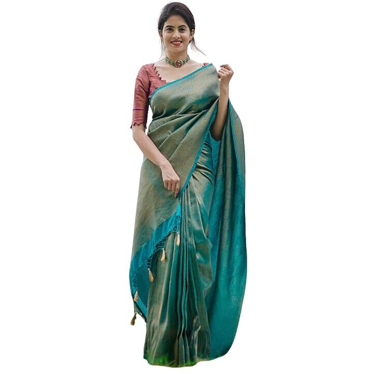C J Enterprise Womens Banarasi Saree Pure Kanjivaram Silk Saree Soft Design Wear Pattu Sarees Party Latest Cotton With Blouse Piece Kanchipuram for Wedding sadi new Sari 2024 2023 (AJ06 Rama)