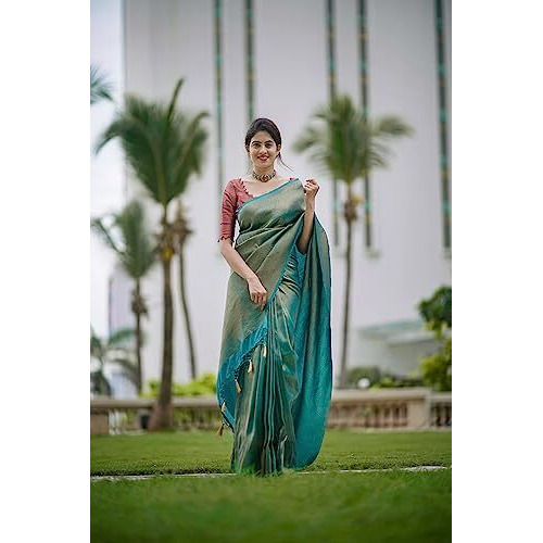 C J Enterprise Womens Banarasi Saree Pure Kanjivaram Silk Saree Soft Design Wear Pattu Sarees Party Latest Cotton With Blouse Piece Kanchipuram for Wedding sadi new Sari 2024 2023 (AJ06 Rama)