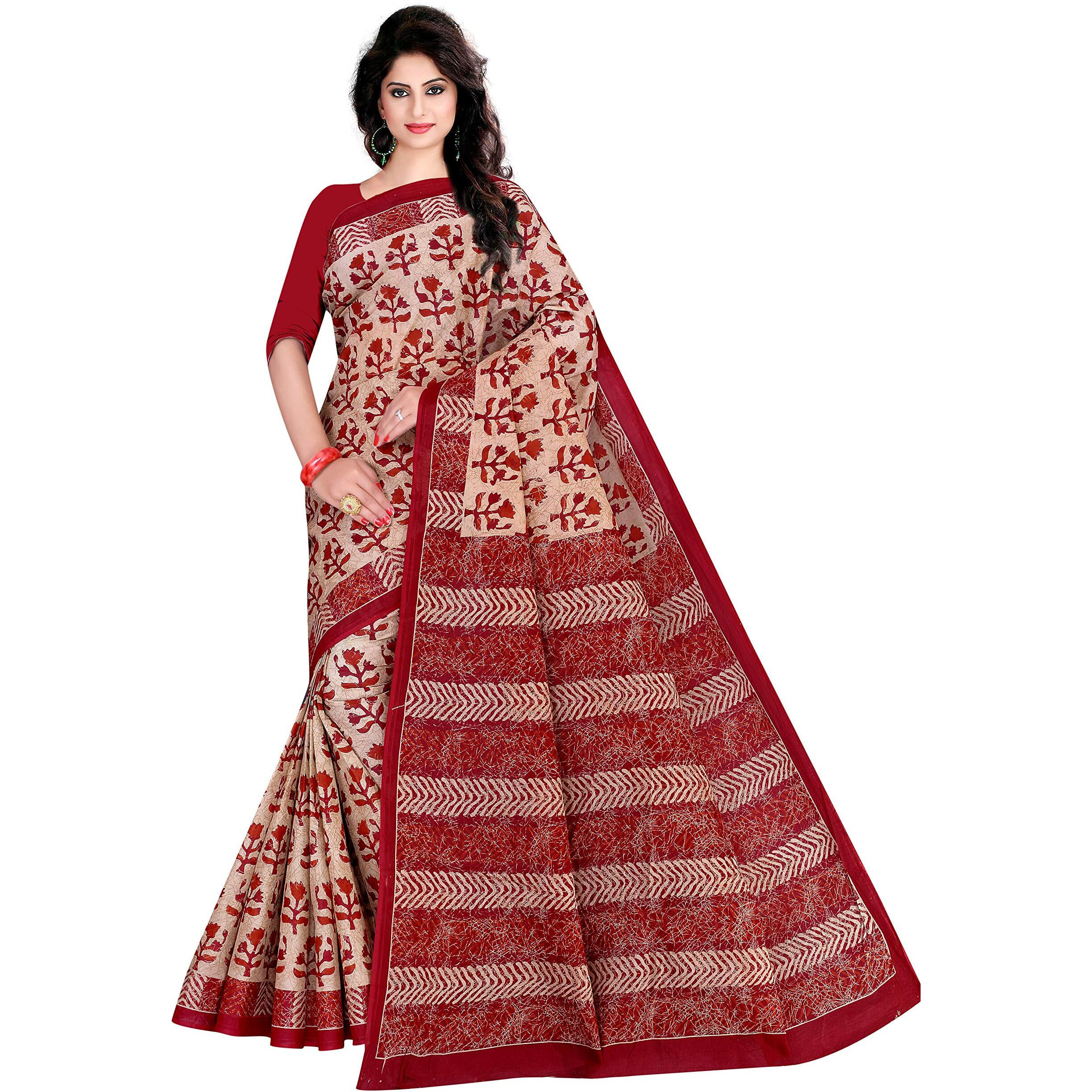 TAMAIRA FASHION Womens Plain Weave Pure Cotton Saree With Blouse Piece(8012malmalbp_Beige)