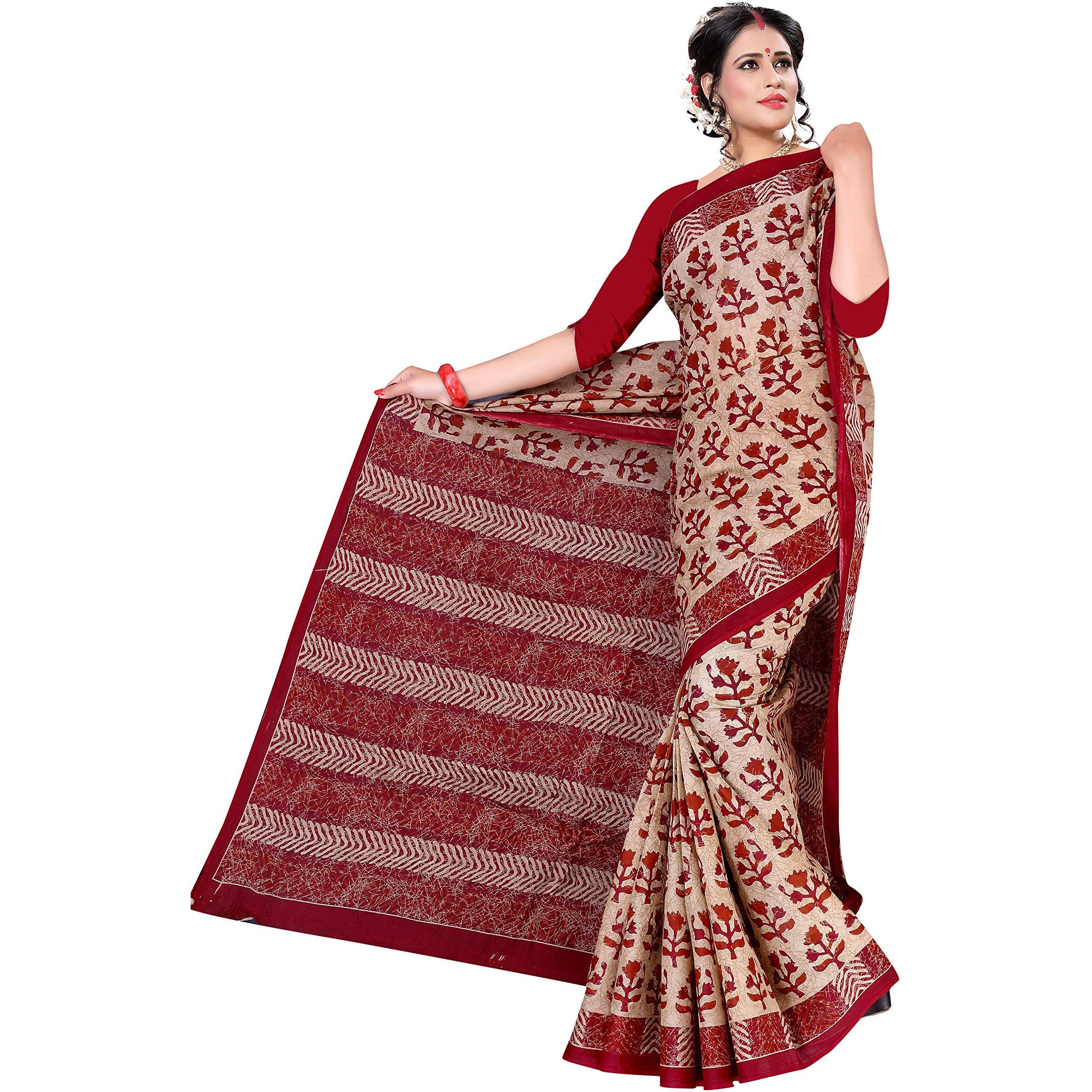 TAMAIRA FASHION Womens Plain Weave Pure Cotton Saree With Blouse Piece(8012malmalbp_Beige)