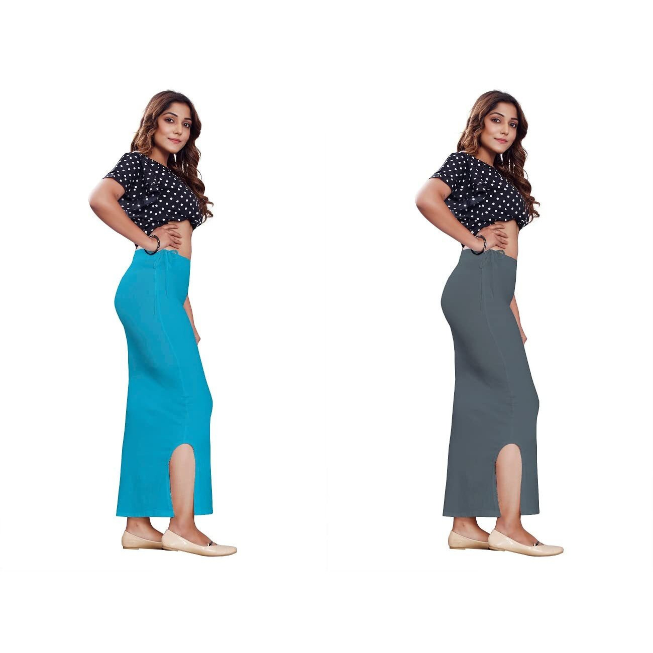 POOJARAN Microfiber Saree Shapewear,Petticoat,Skirts for Women, Cotton Blended Shape Wear for Saree with Drawstring(Rope) (FIROZI & Grey, M)