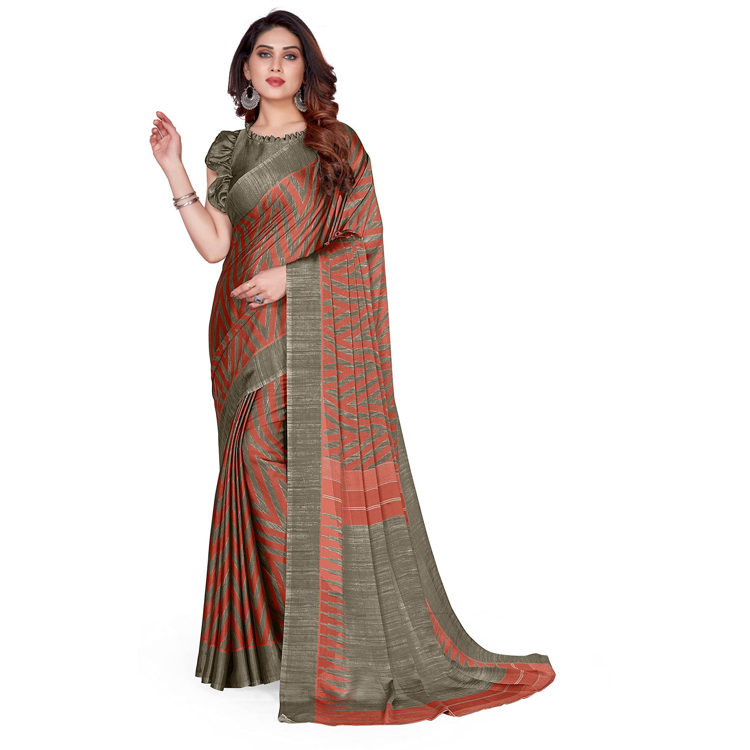 MIRCHI FASHION Womens Plain Weave Chiffon Leheriya Printed Saree with Blouse Piece (33536-Light Red, Beige)