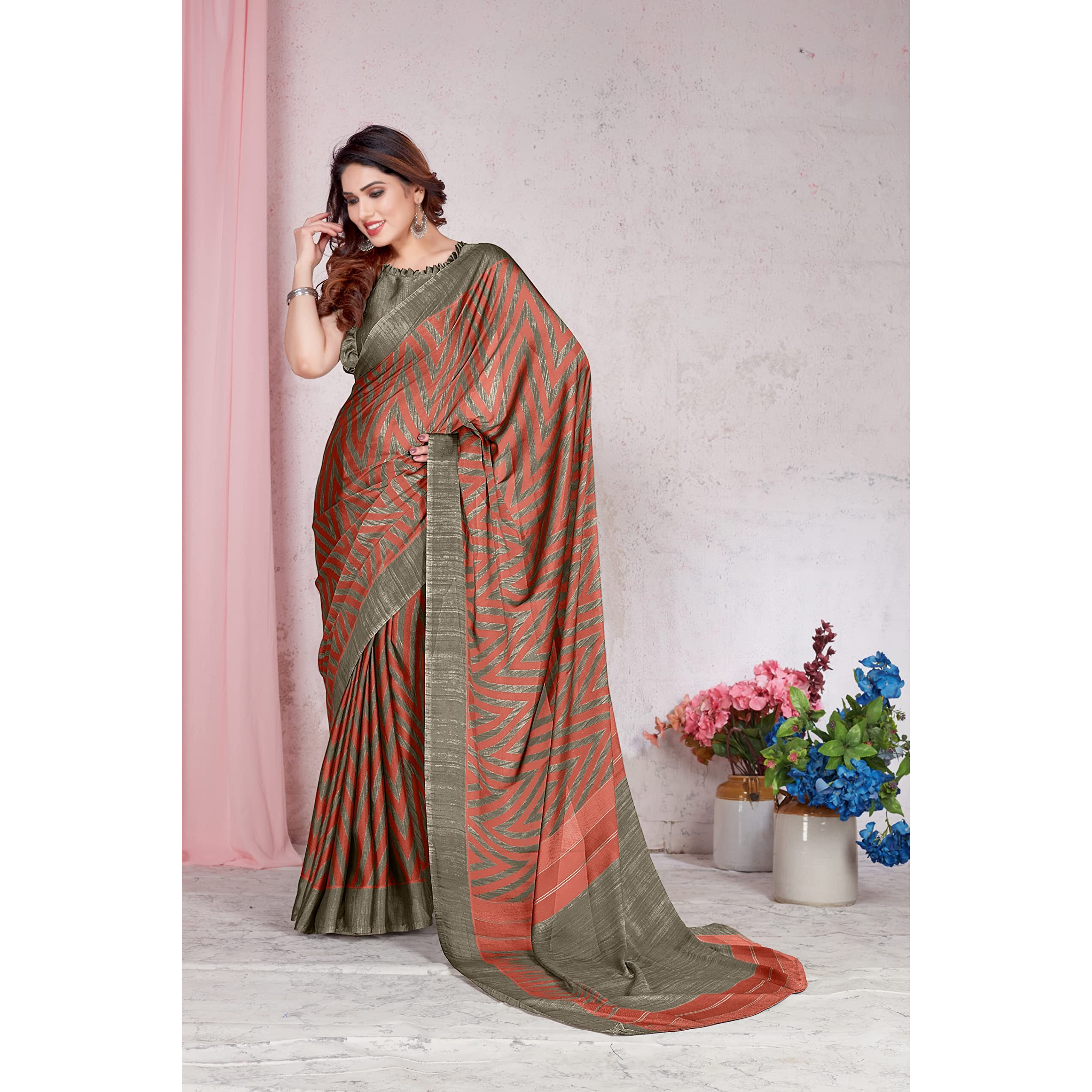 MIRCHI FASHION Womens Plain Weave Chiffon Leheriya Printed Saree with Blouse Piece (33536-Light Red, Beige)